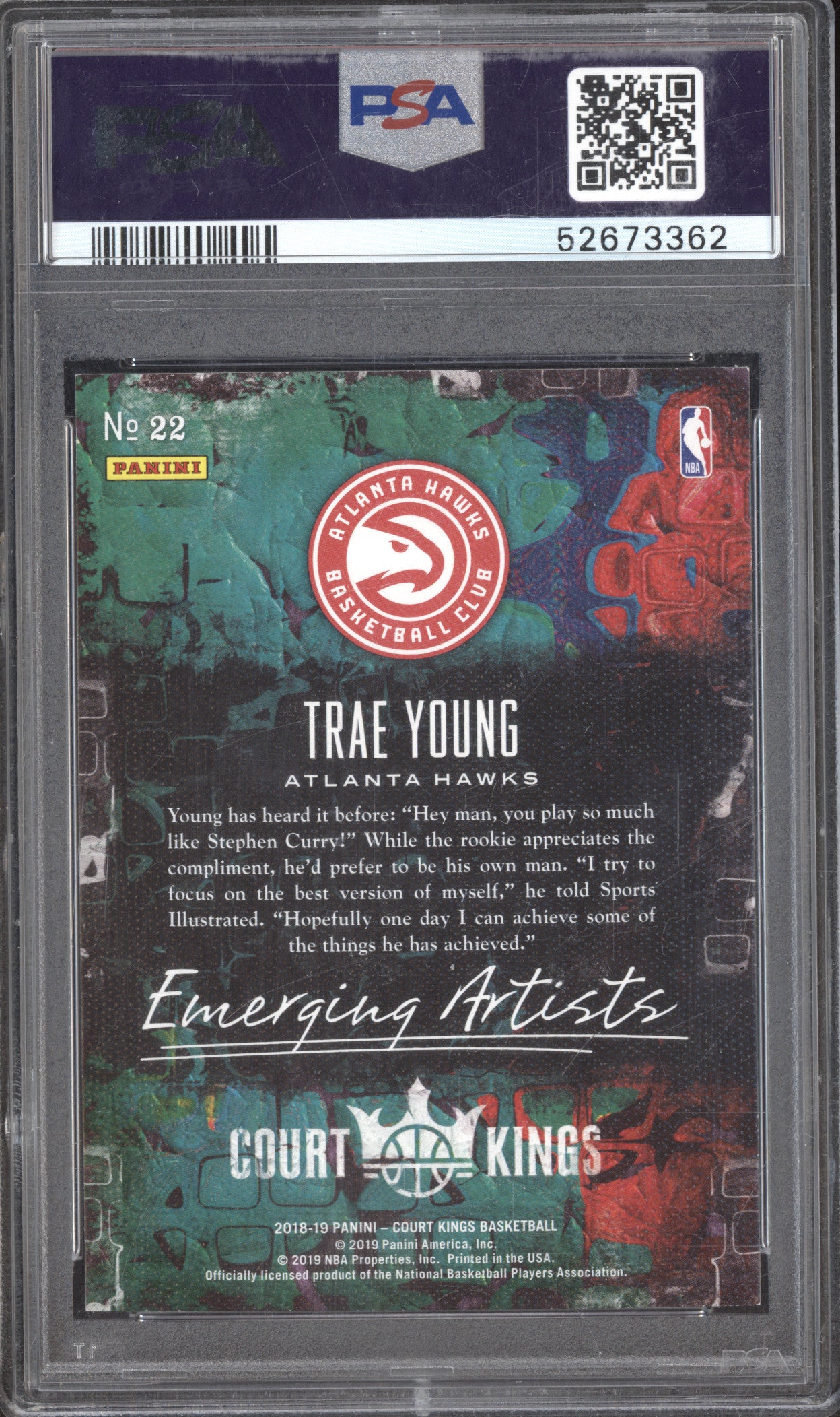 2018 Panini Court Kings 22 Trae Young Emerging Artists RC PSA 9