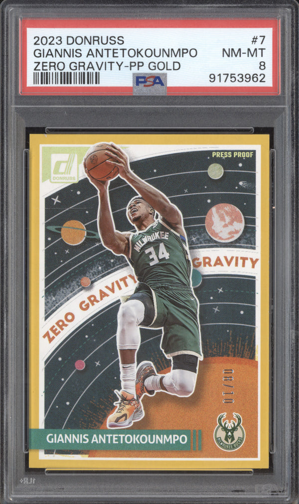 Giannis Antetokounmpo 2023-24 Panini Donruss 7 Zero Gravity PP Gold 8/10 PSA 8