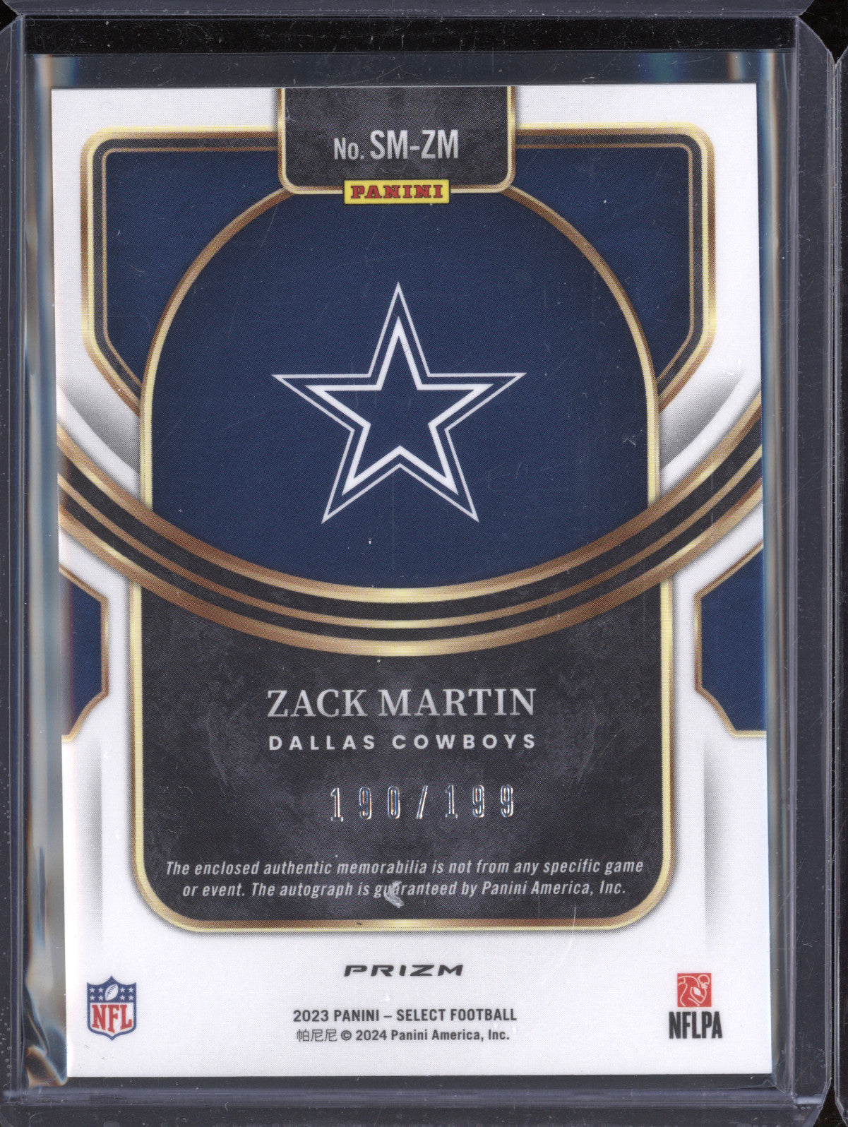 Zack Martin 2023 Panini Select SM-ZM Signature Memorabilia 190/199