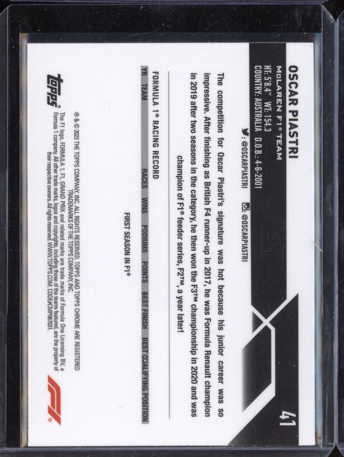 Oscar Piastri 2023 Topps Chrome 41 Purple Refractor RC 224/399