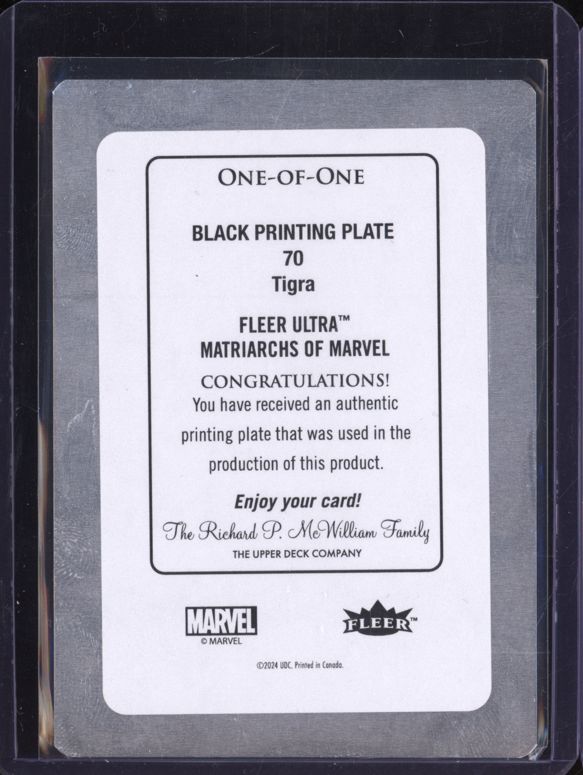 Tigra 2024 Fleer Matriarchs of Marvel 70 Black Printing Plate 1/1