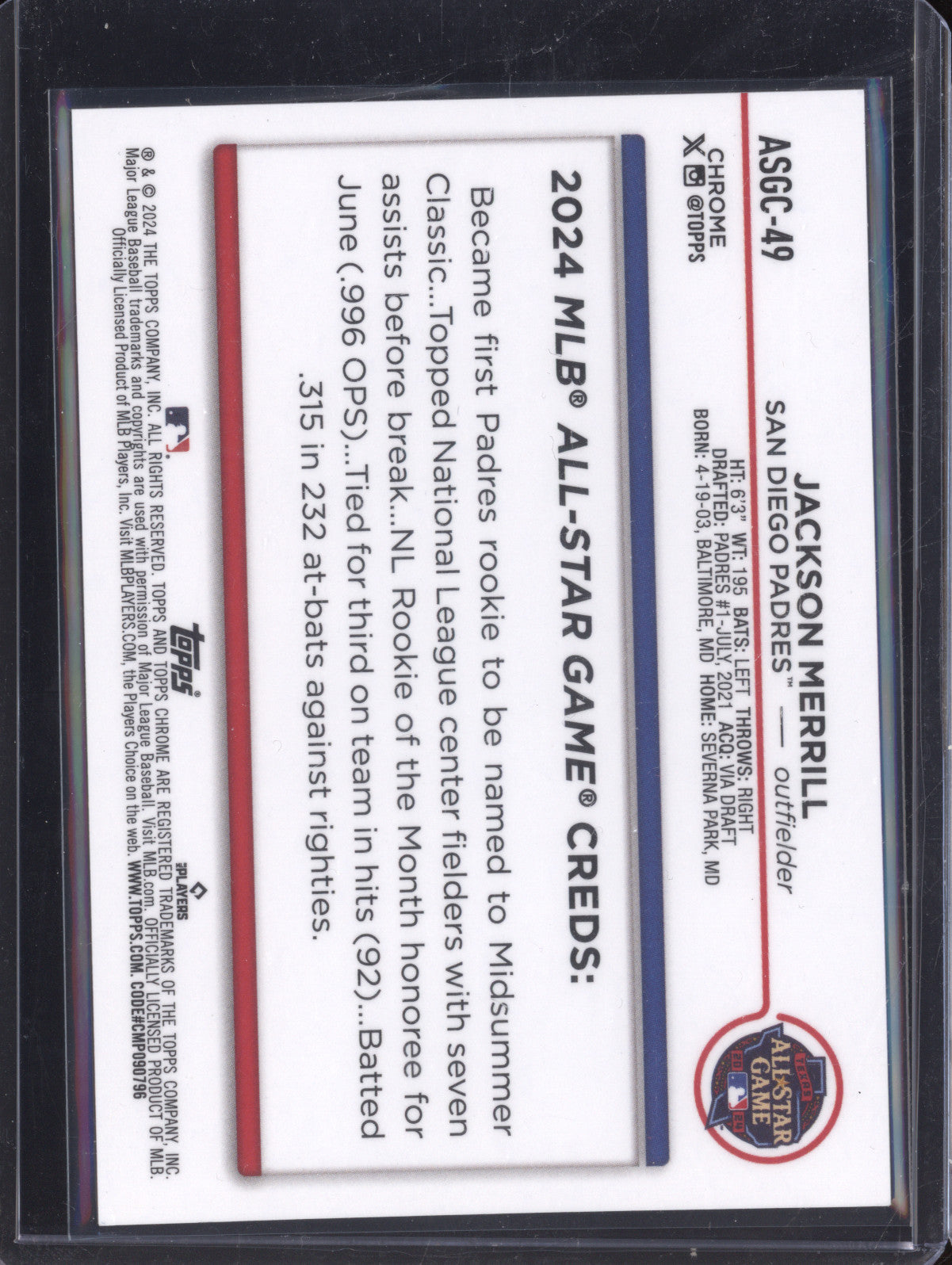 Jackson Merrill 2024 Topps Chrome Update ASGC-49 All-Star Game Orange RC 24/25