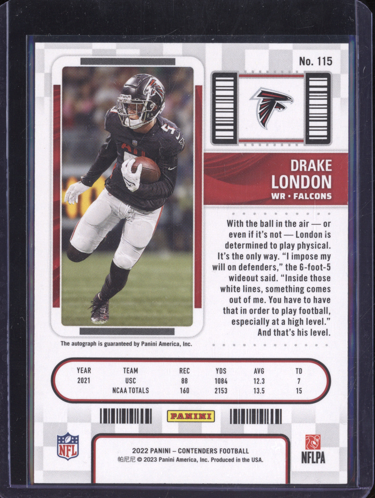 Drake London 2022 Panini Contenders 115 Rookie Ticket Auto RC