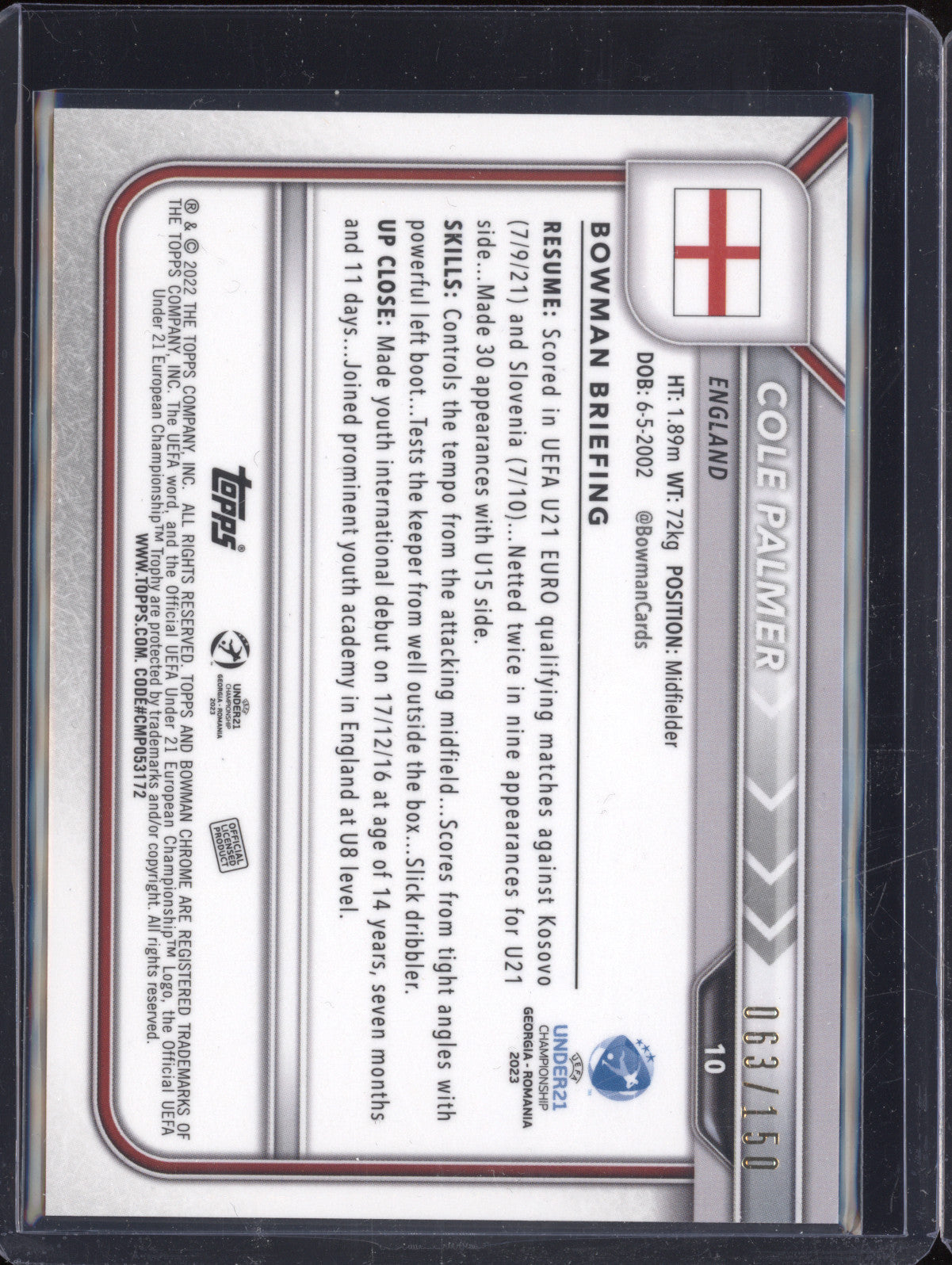 Cole Palmer 2022 Bowman Chrome Under 21 Euro 10 Pink RC 63/150