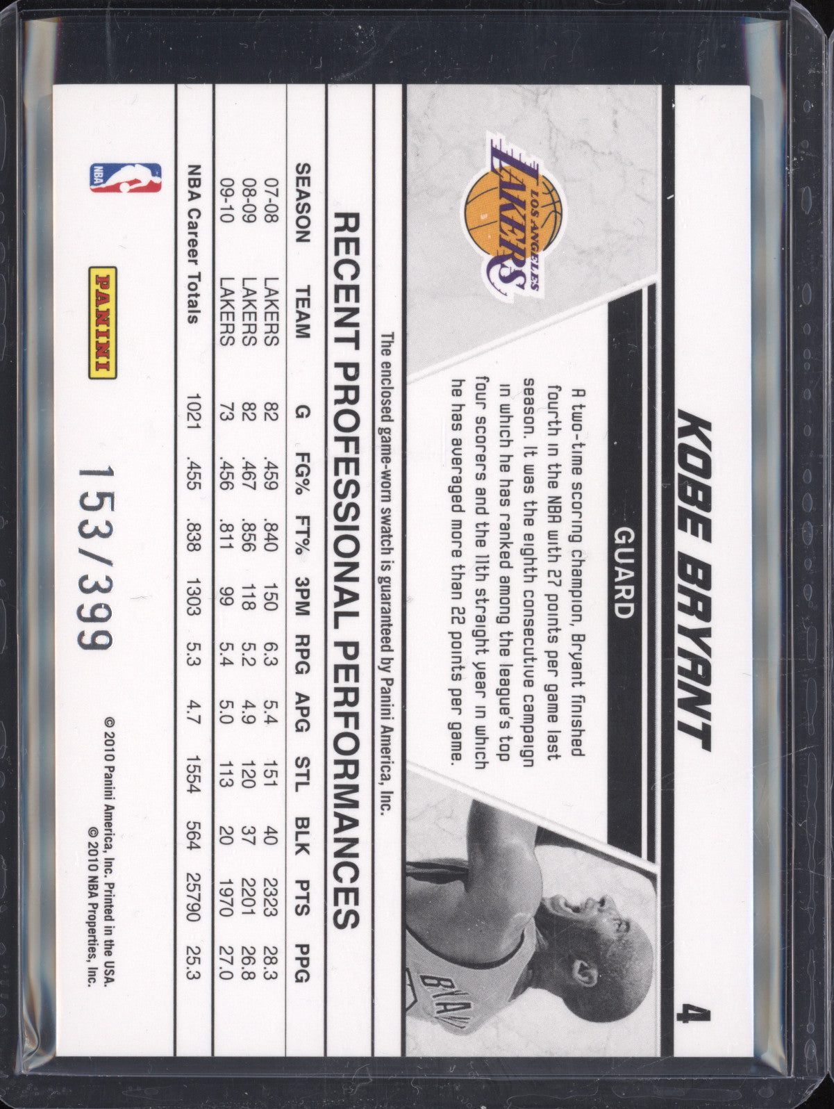 Kobe Bryant 2010-11 Panini Donruss 4 Production Line 153/399