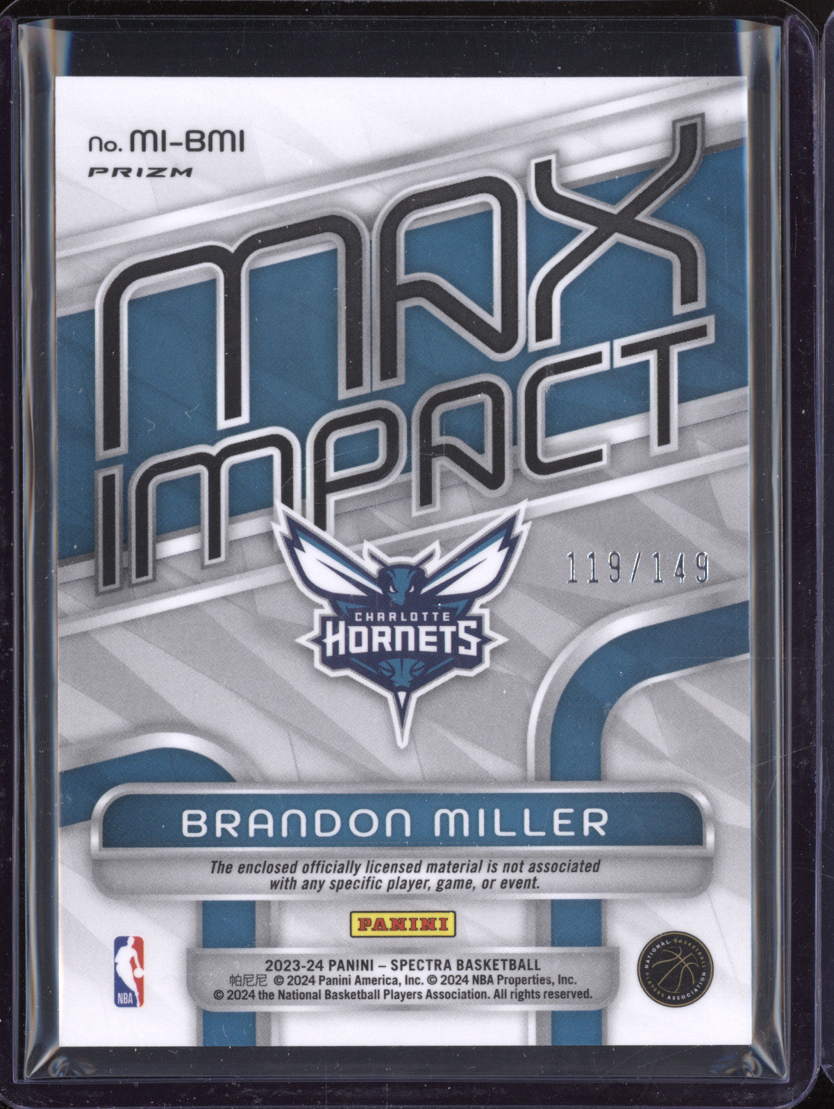 Brandon Miller 2023-24 Panini Spectra MI-BMI Max Impact RC 119/149