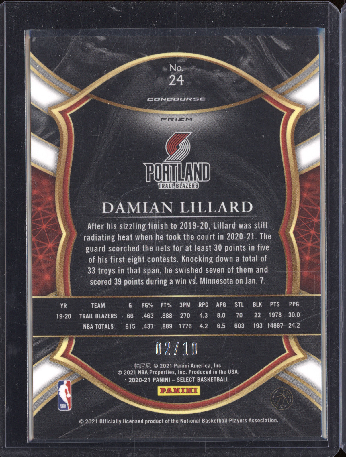 Damian Lillard 2020-21 Panini Select 24 Gold Concourse Fastbreak 02/10