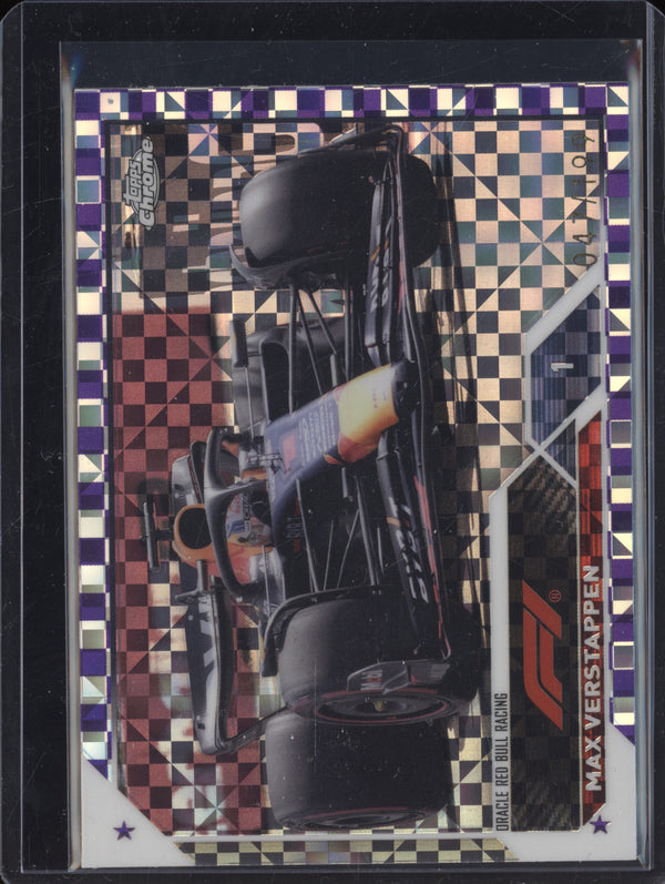 Max Verstappen 2023 Topps Chrome F1 102 Purple Checker Flag X-fractor 47/199