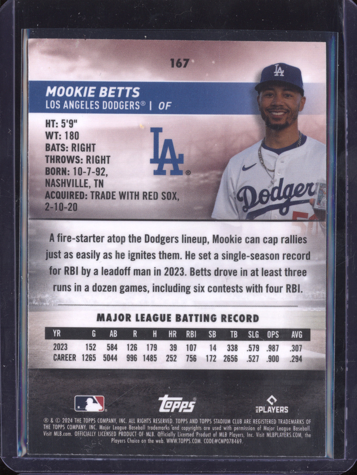 Mookie Betts 2024 Topps Stadium Club 167 Orange Refractor 54/99