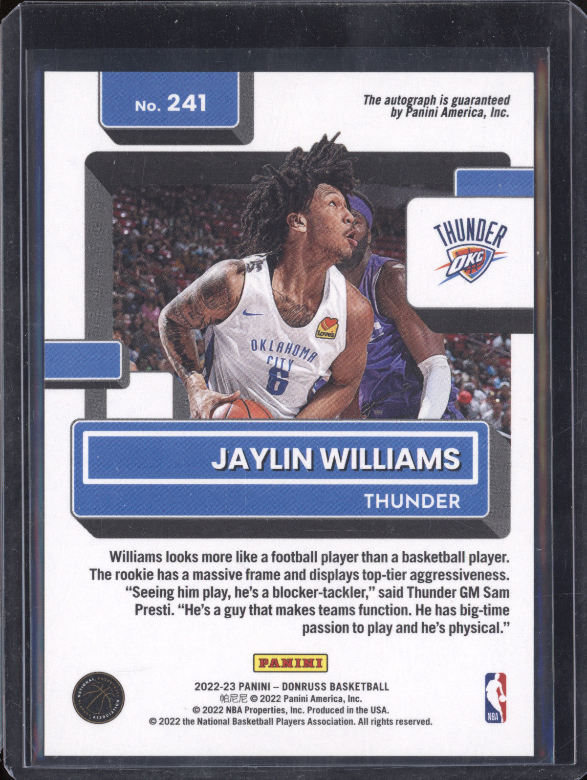 Jaylin Williams 2022-23 Panini Donruss 241 Rated Rookie Auto Choice RC