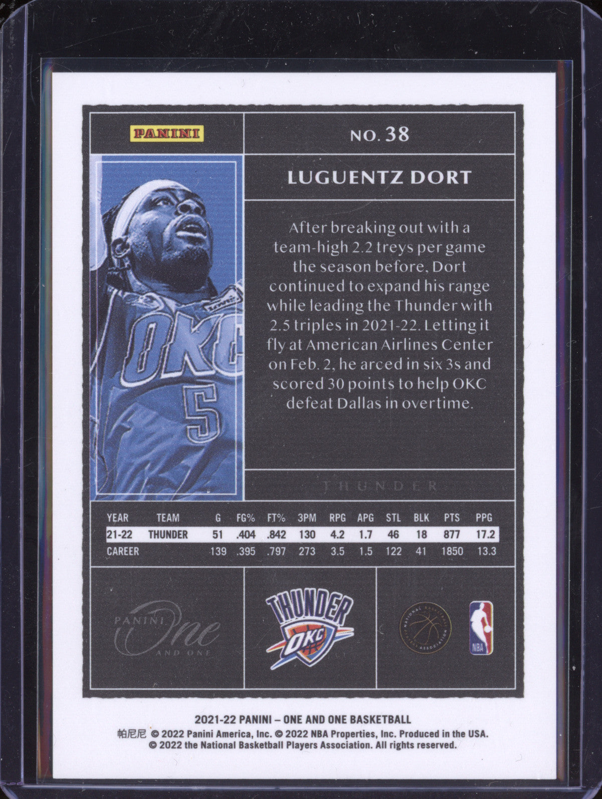 Luguentz Dort 2021-22 Panini One and One 38 Gold 7/10