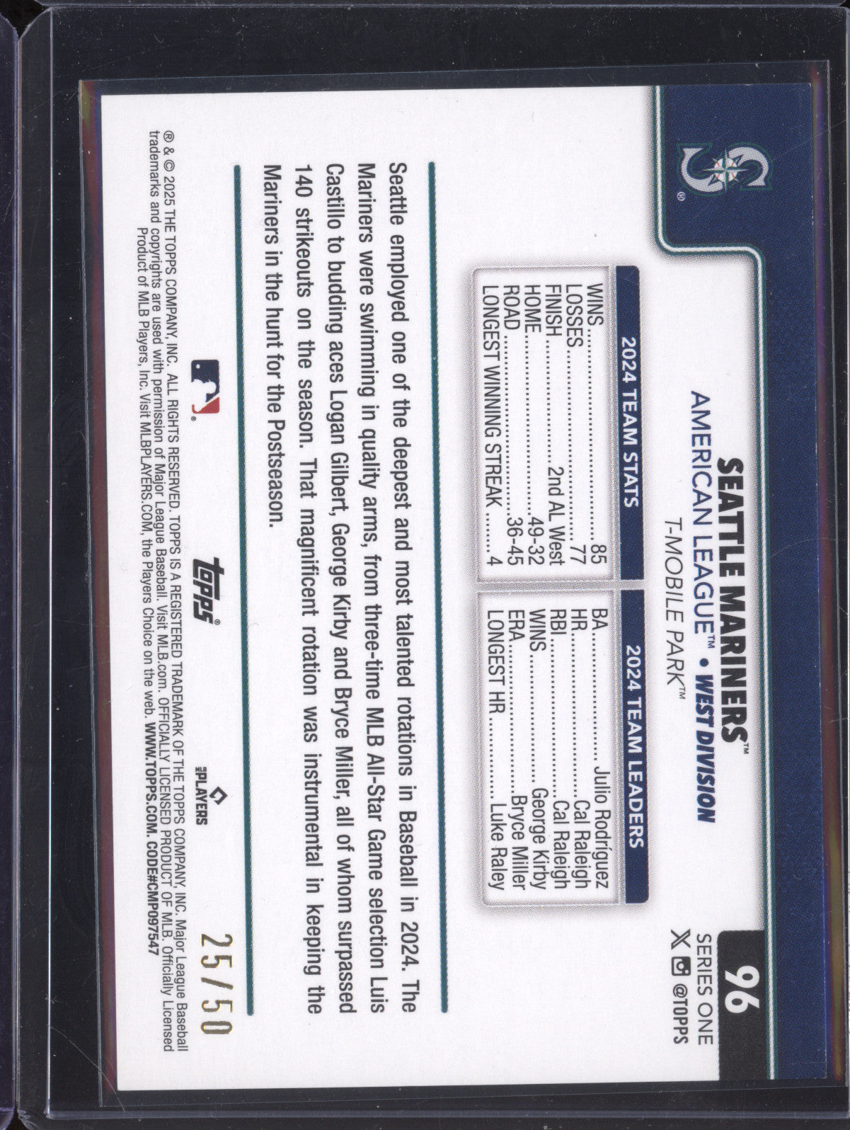 Seattle Mariners 2024 Topps Series 1 96 Gold 25/50