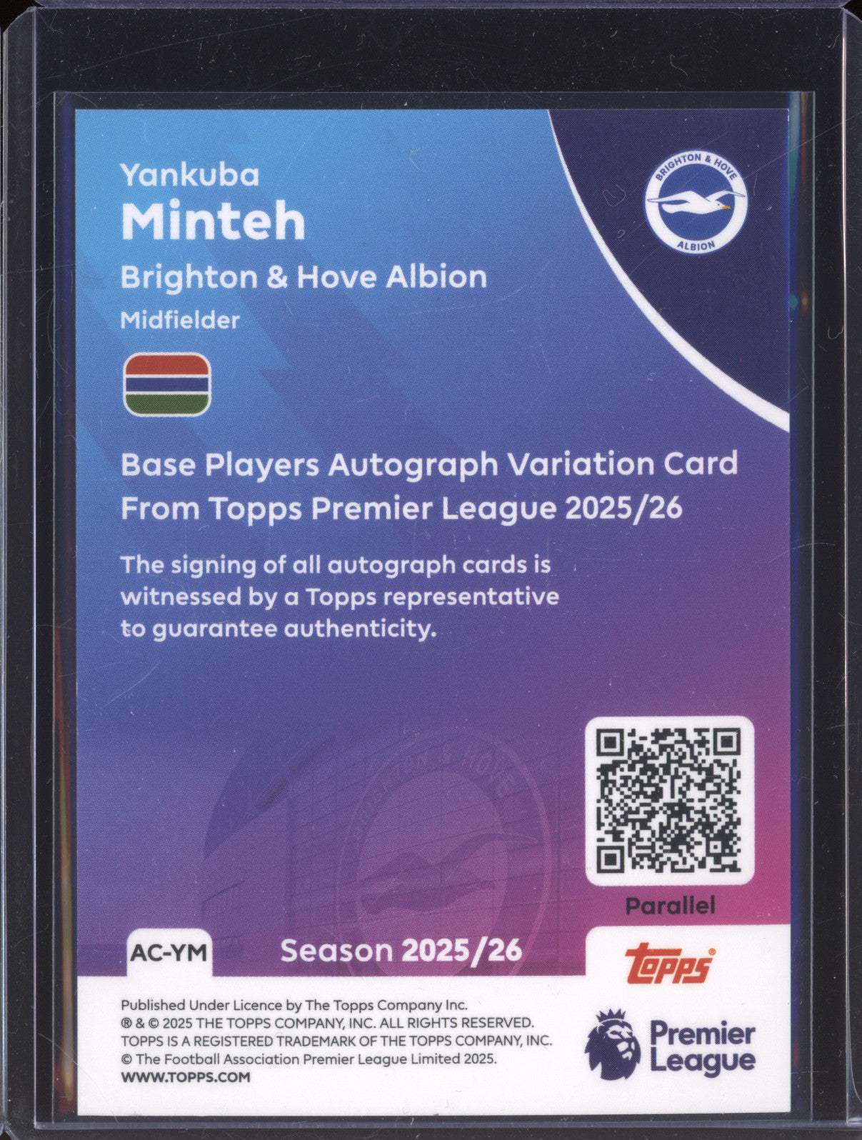 Yankuba Minteh 2025-26 Topps Premier League AC-YM Auto Green 23/99