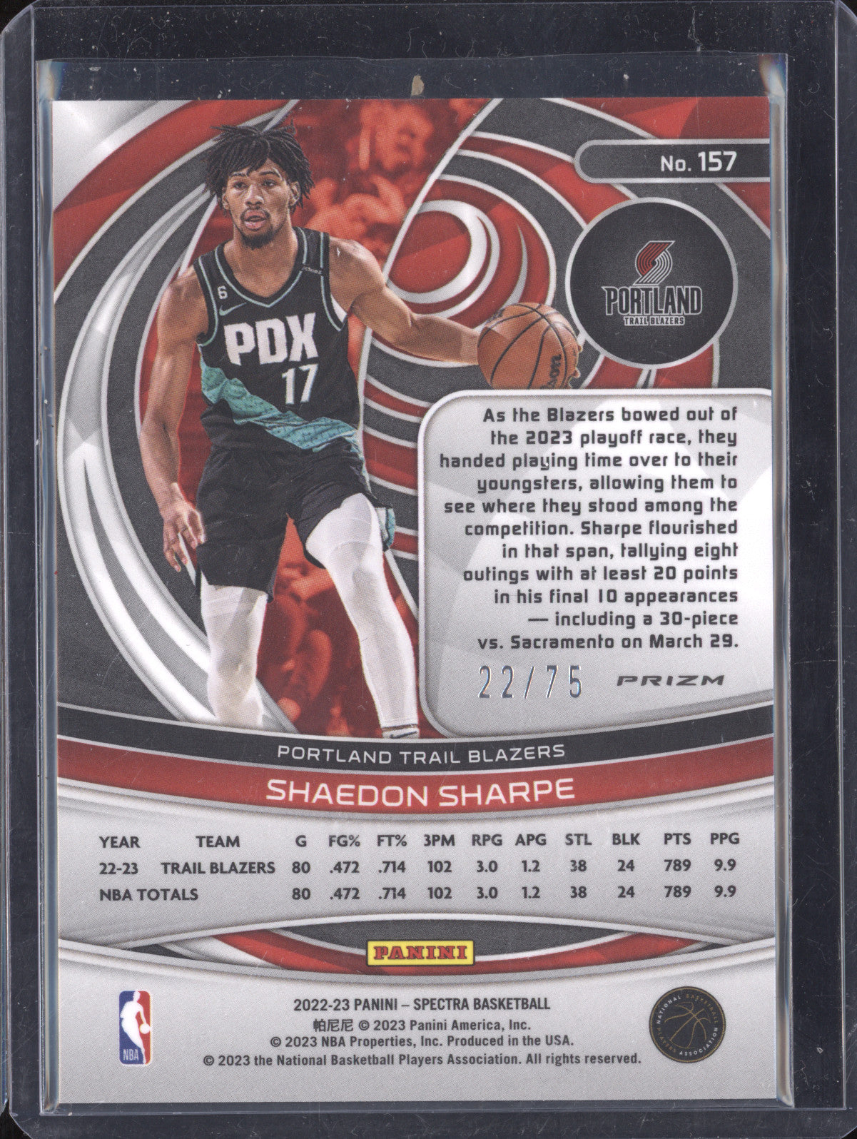 Shaedon Sharpe 2022-23 Panini Spectra 157 Red and Yellow Asia RC 22/75