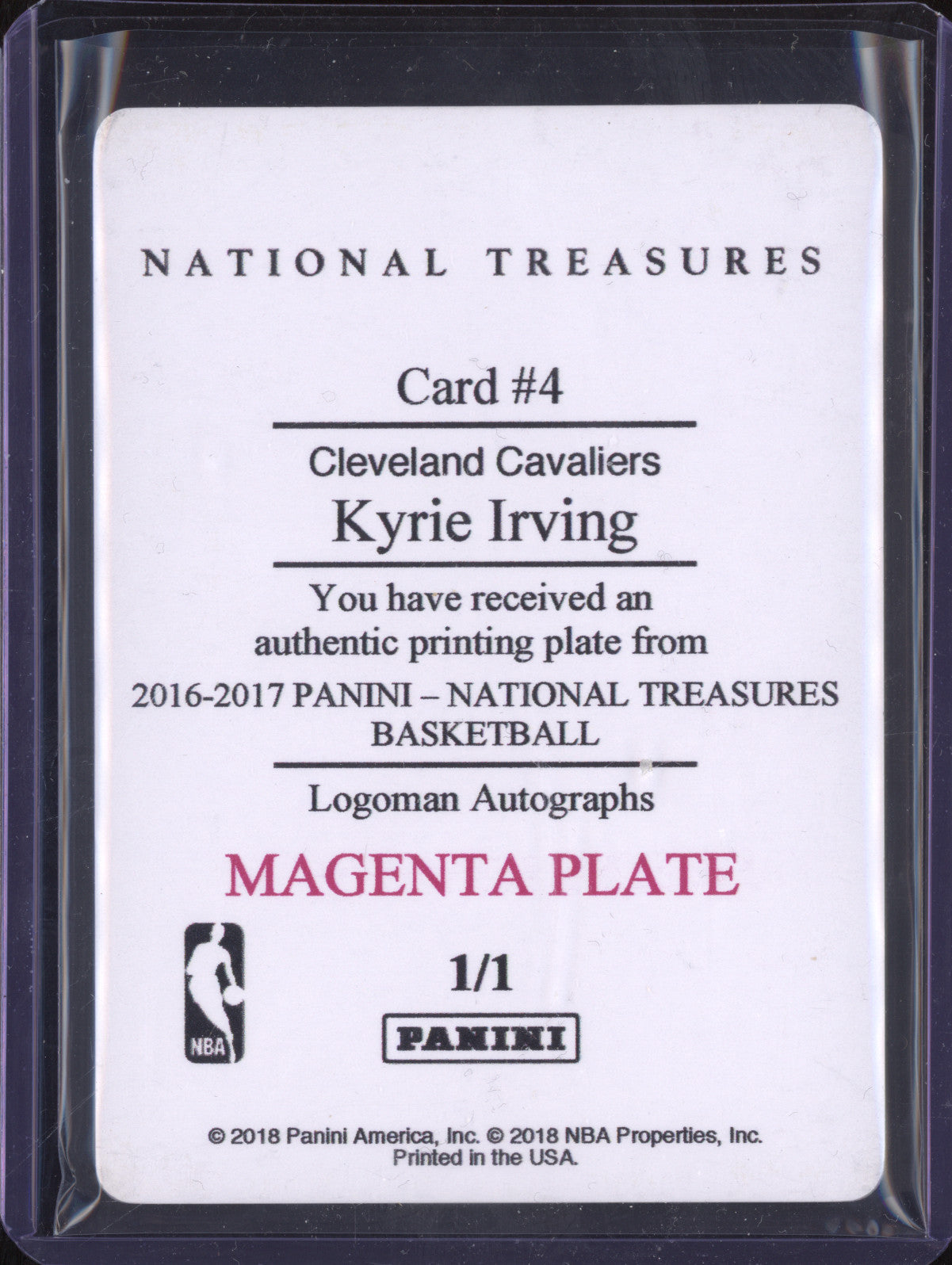 Kyrie Irving 2016-17 Panini National Treasures 4 Logoman Auto Magenta Plate 1/1