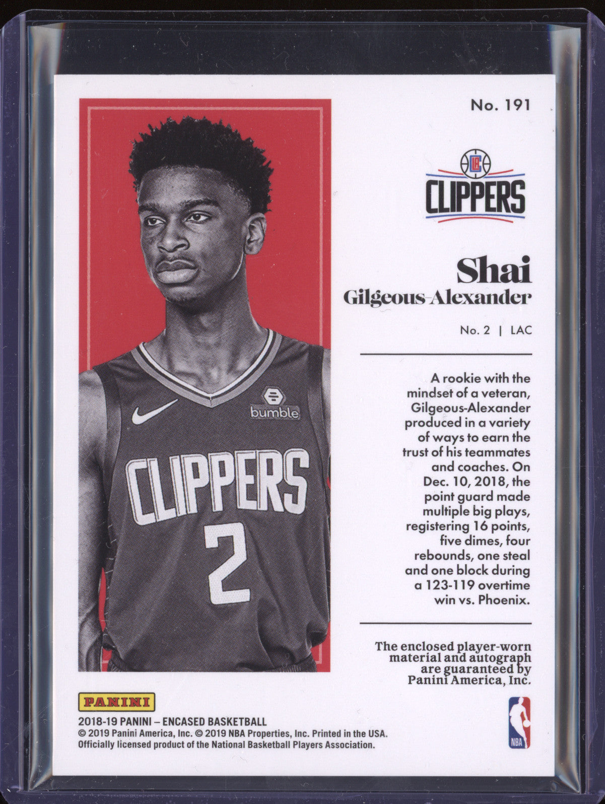 Shai Gilgeous-Alexander 2018-19 Panini Encased 191 Rookie Jersey Auto RC 53/99