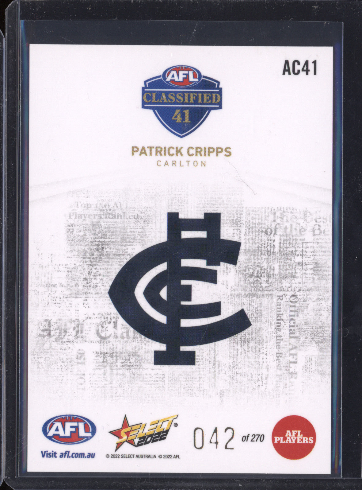 Patrick Cripps 2022 Select Footy Stars AC41 Classified  42/270