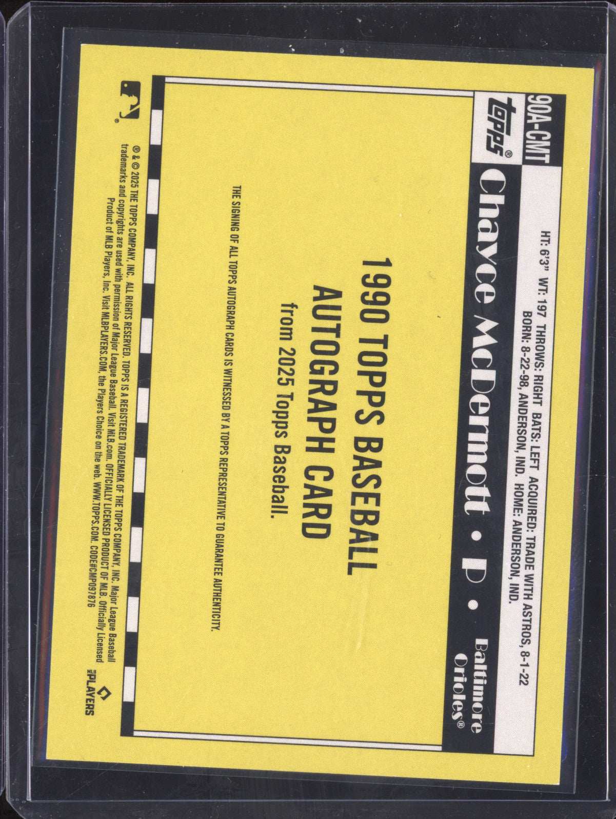 Chayce McDermott 2025 Topps Series 1 90A-CMT 1990 Topps Auto