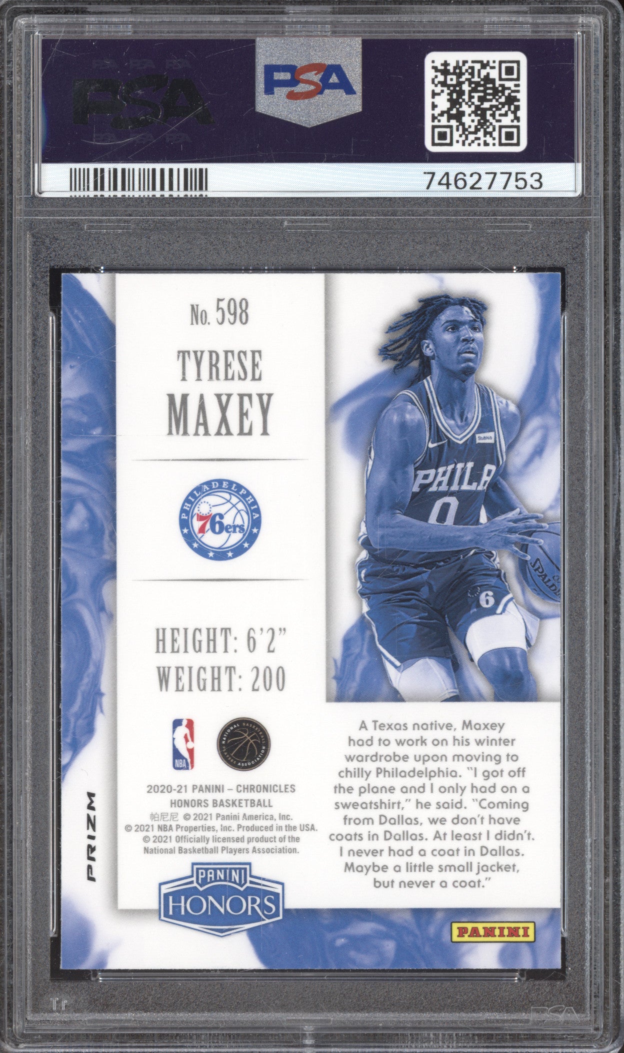 2020 Panini Chronicles Honors 598 Tyrese Maxey Silver RC PSA 10