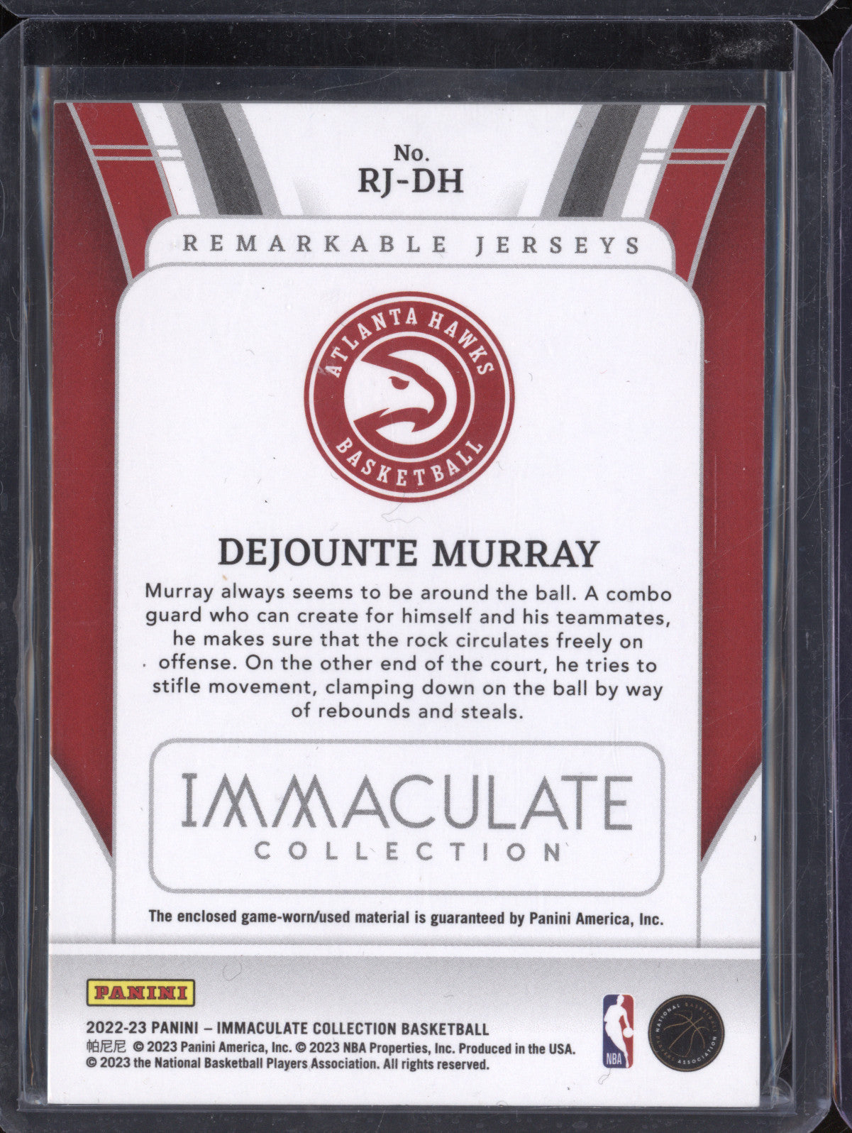 Dejounte Murray 2022-23 Panini Immaculate RJ-DH Remarkable Jerseys Red 18/25