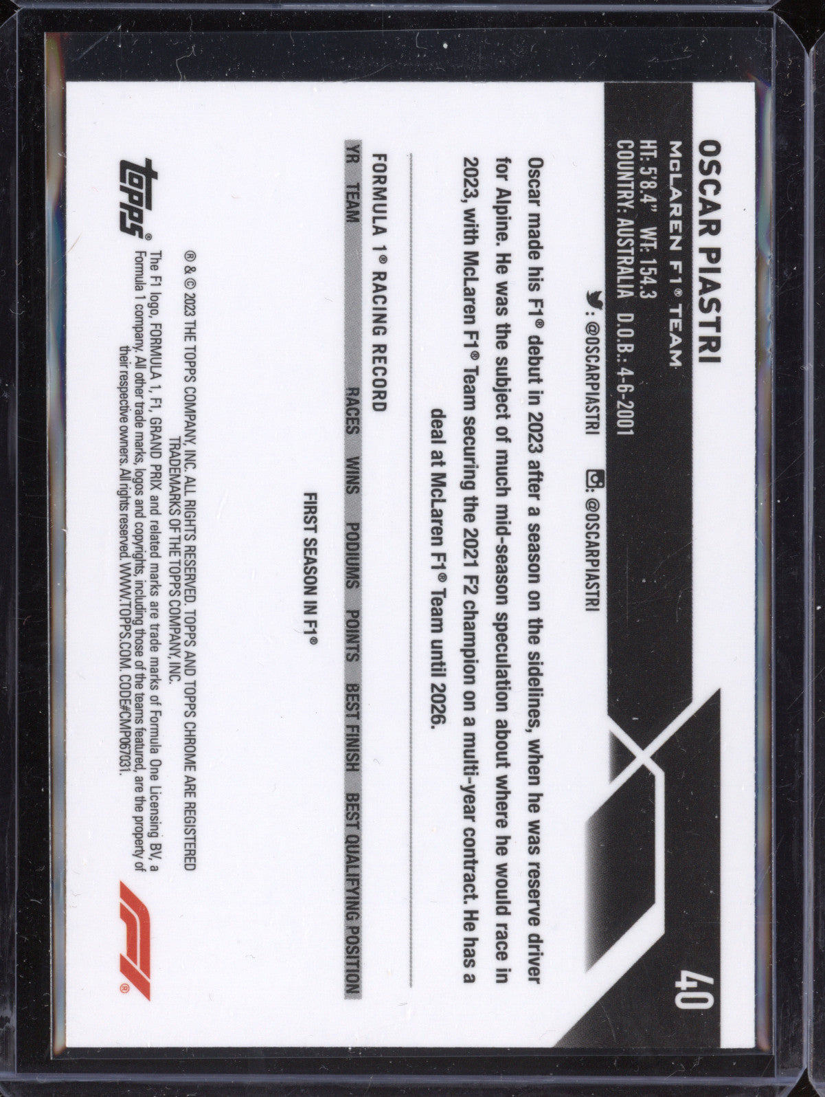 Oscar Piastri 2023 Topps Chrome F1 40 RC