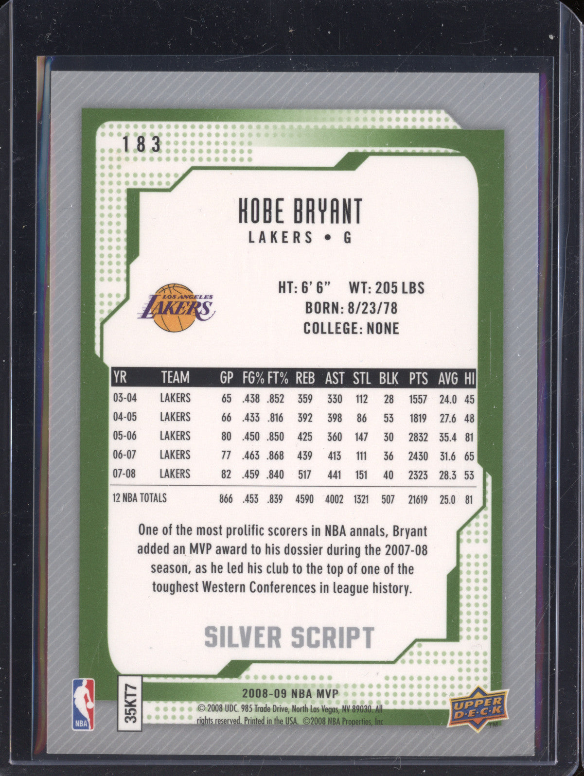 Kobe Bryant 2008-09 Upper Deck MVP 183 Silver Script