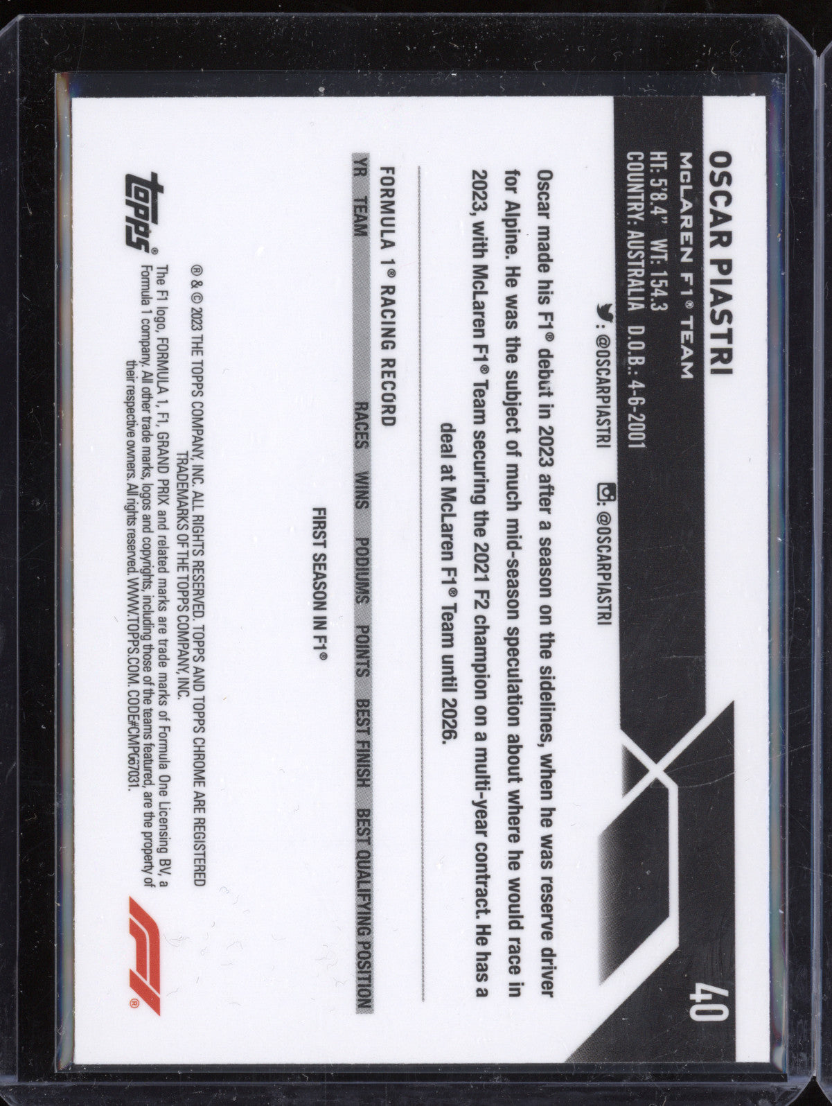 Oscar Piastri 2023 Topps Chrome F1 40 RC