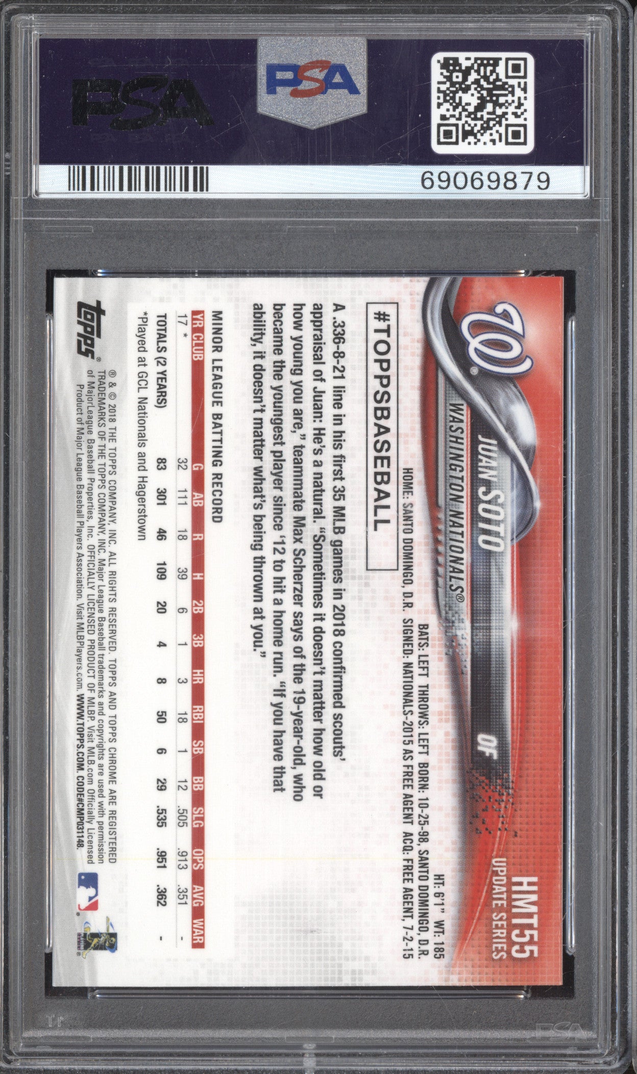 Juan Soto 2018 Topps Chrome HMT55 Update RC PSA 9