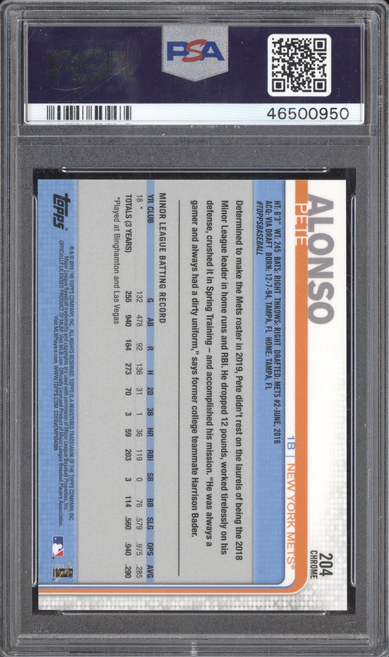 Pete Alonso 2019 Topps Chrome 204 RC PSA 9