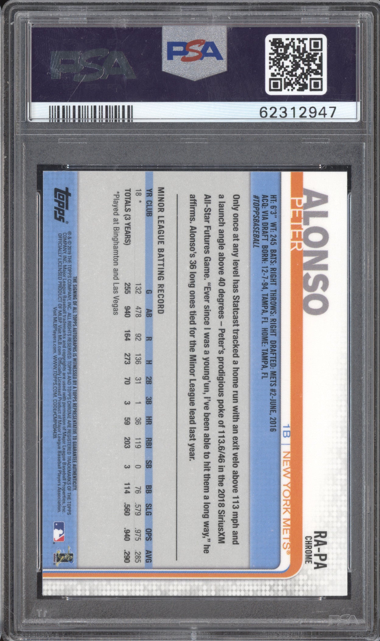 Pete Alonso 2019 Topps Chrome RA-PA Rookie Autographs PSA 9