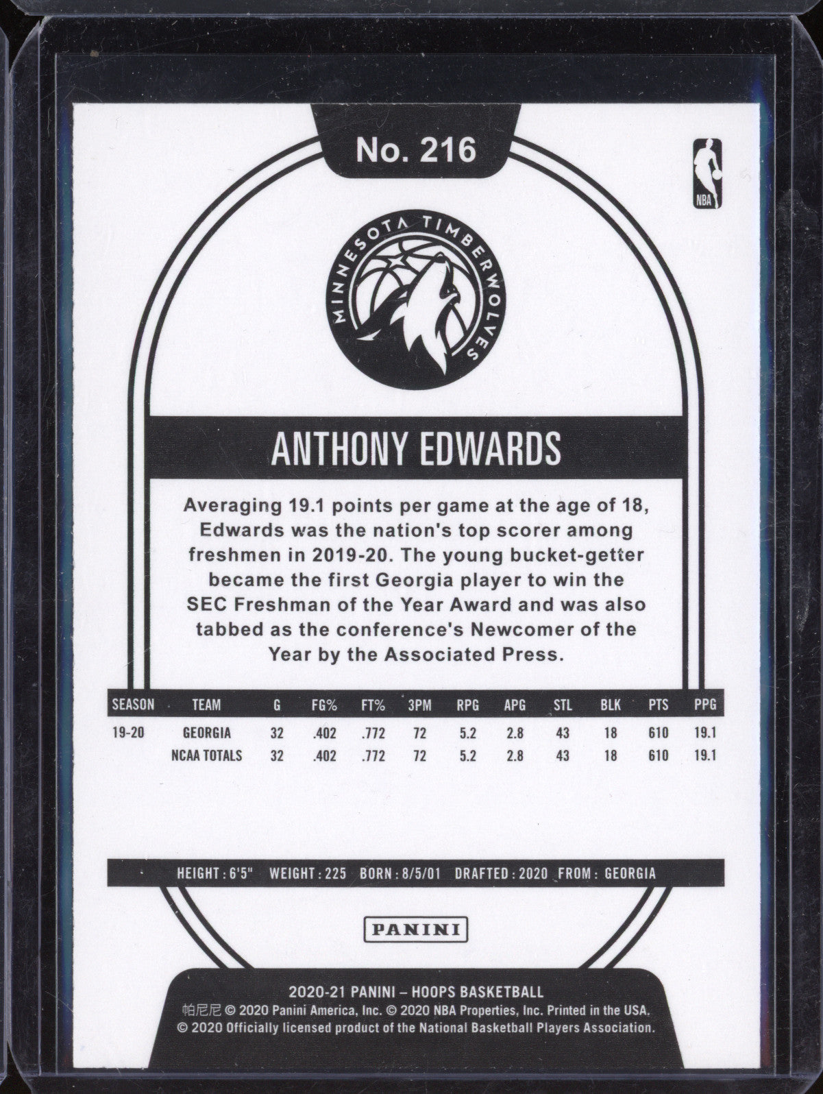 Anthony Edwards 2020-21 Panini Hoops 216 Neon Green RC