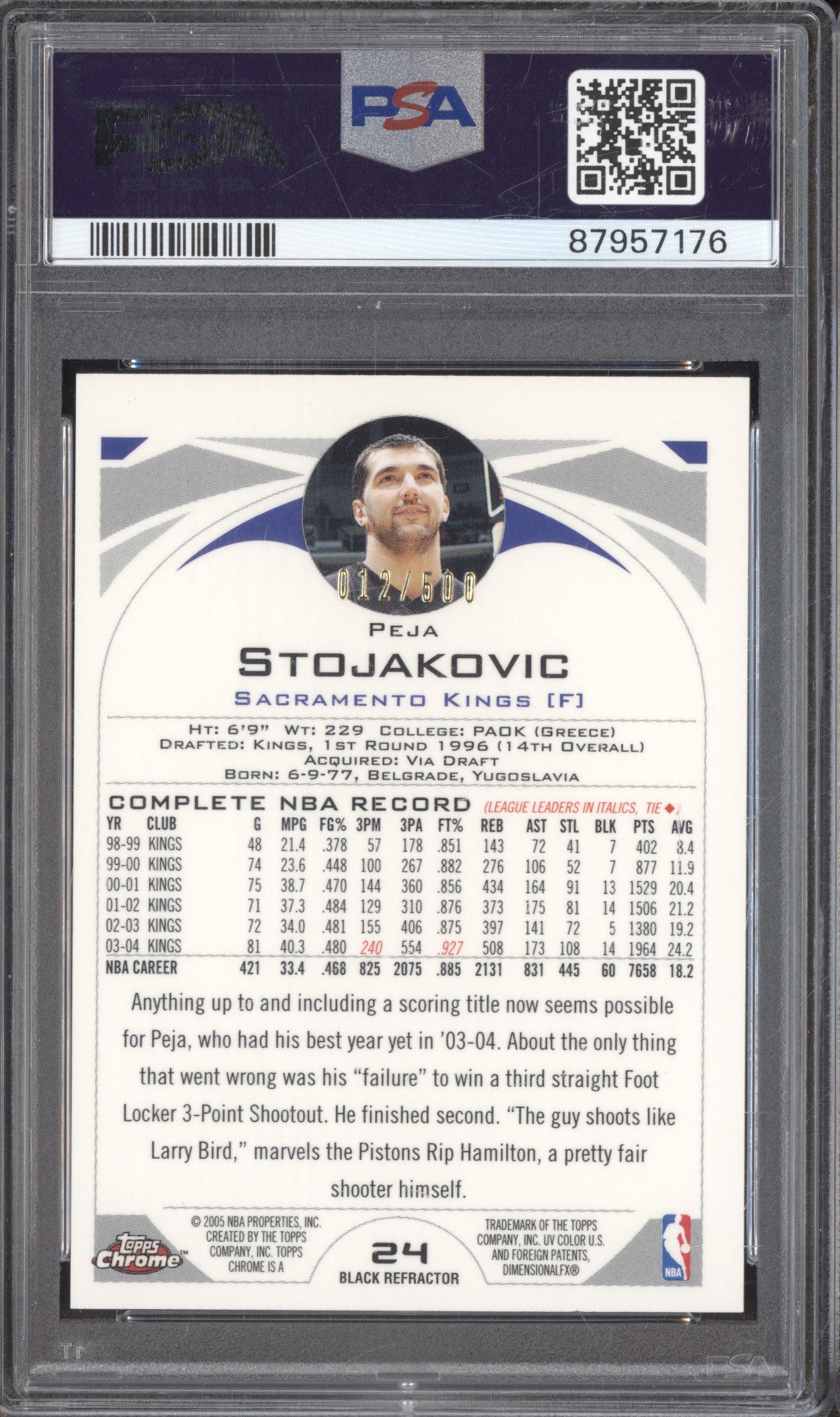 2004 Topps Chrome 24 Peja Stojakovic Black Refractor 012/500 PSA 8
