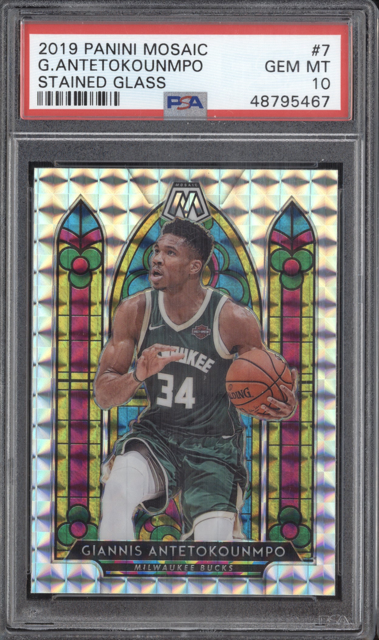 Giannis Antetokounmpo 2019-20 Panini Mosaic 7 Stained Glass PSA 10