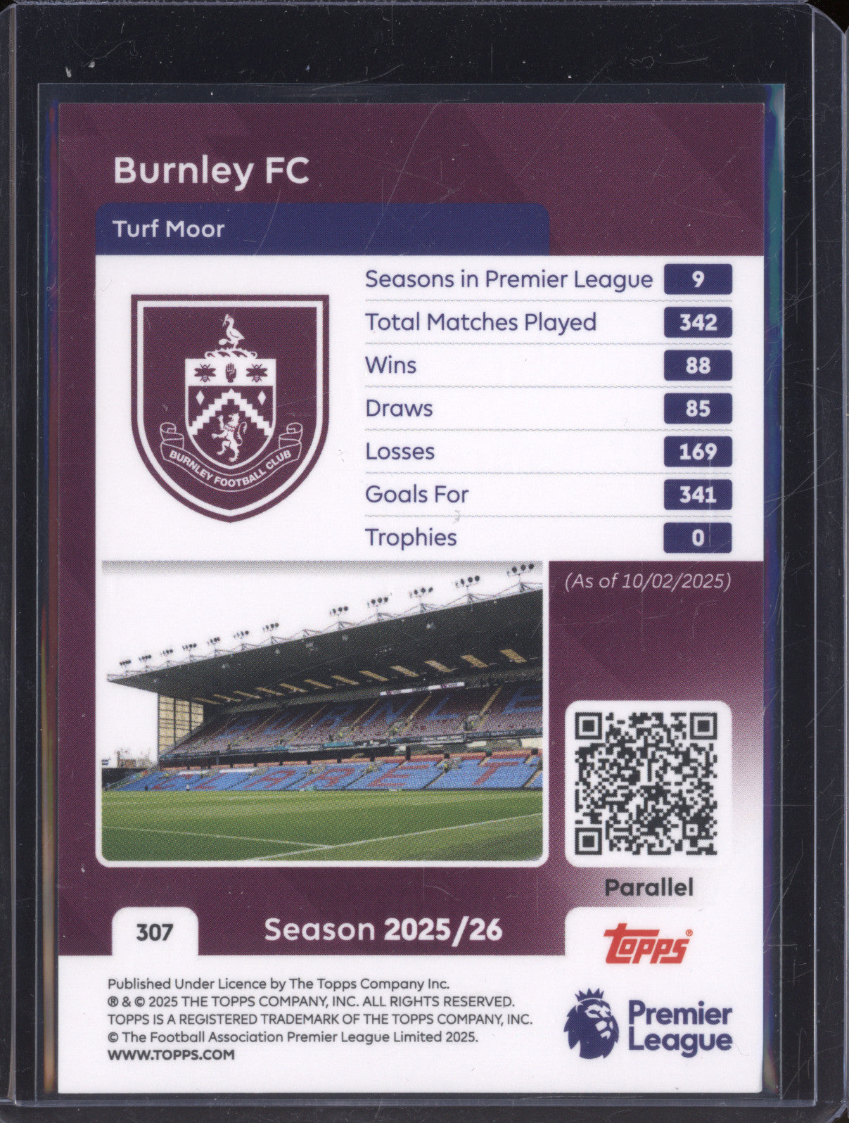 2025-26 Topps Premier League 307 Burnley FC Black 06/10
