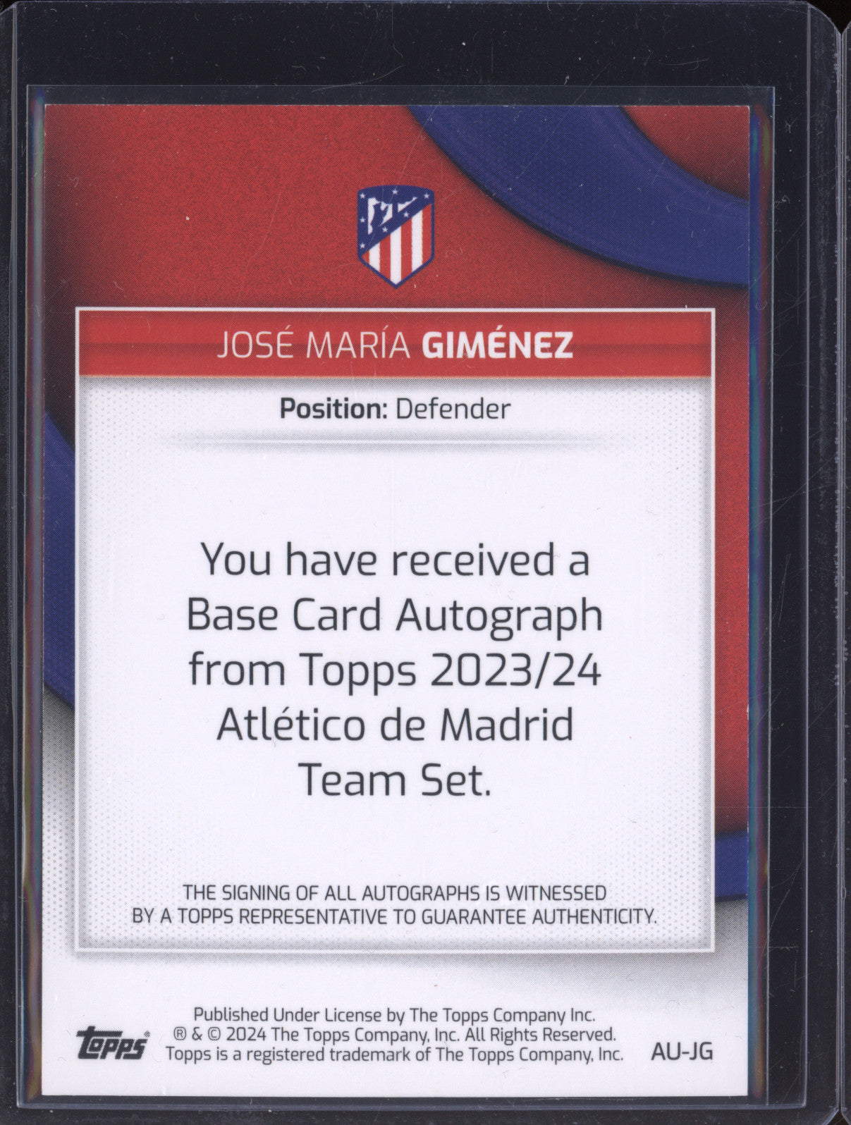 Jose Maria Gimenez 2023-24 Topps Athletico Madrid Team Set AU-JG Auto Gold /50