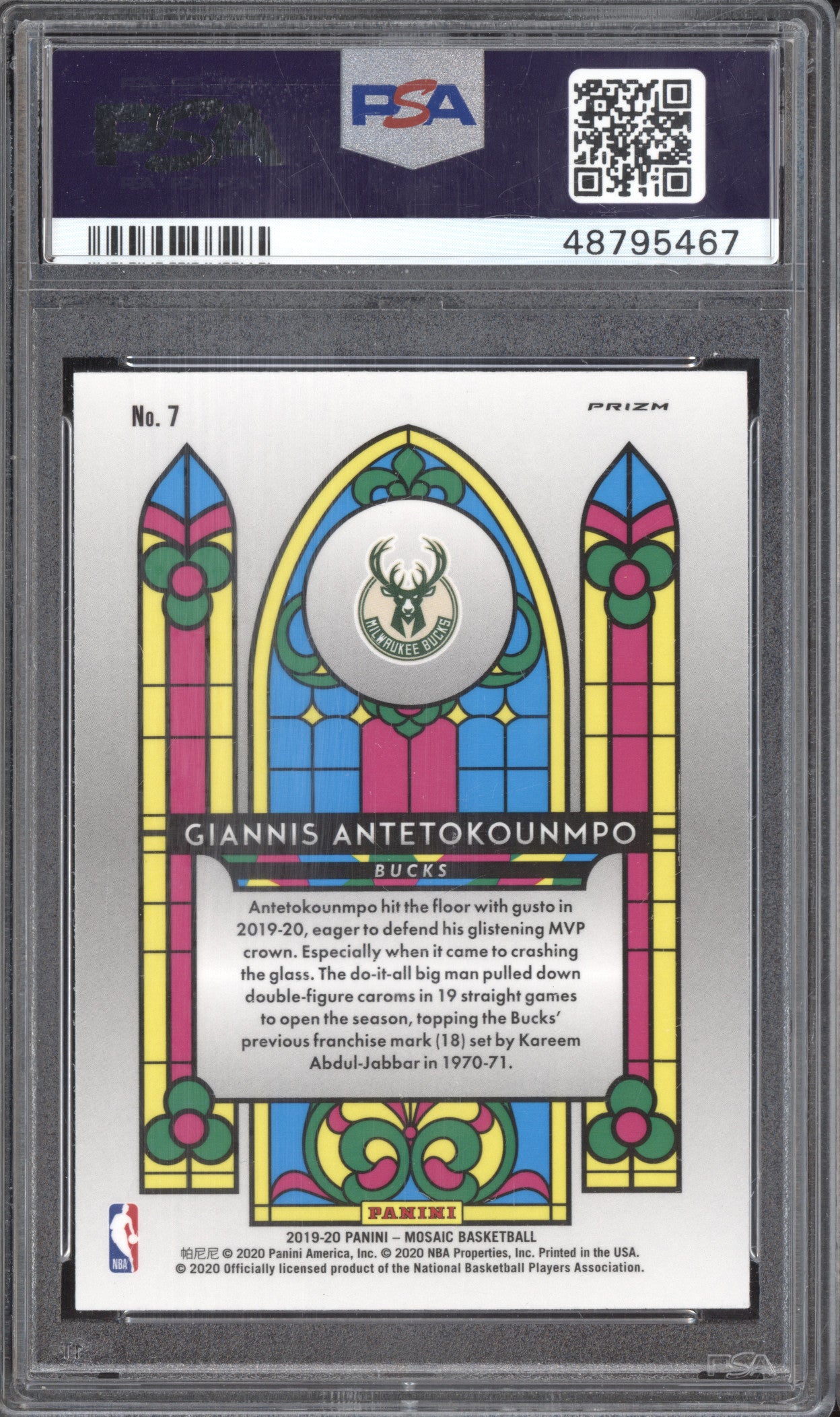 Giannis Antetokounmpo 2019-20 Panini Mosaic 7 Stained Glass PSA 10
