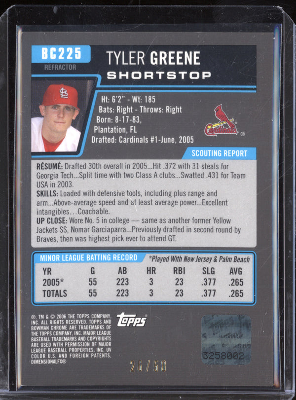 Tyler Greene 2006 Topps Bowman Chrome BC225 Gold Refractor Auto 26/50