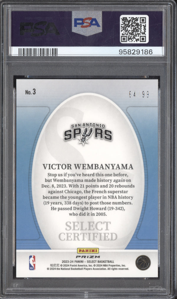 Victor Wembanyama 2023-24 Panini Select 3 Certified Red Flash RC 64/99 PSA 10