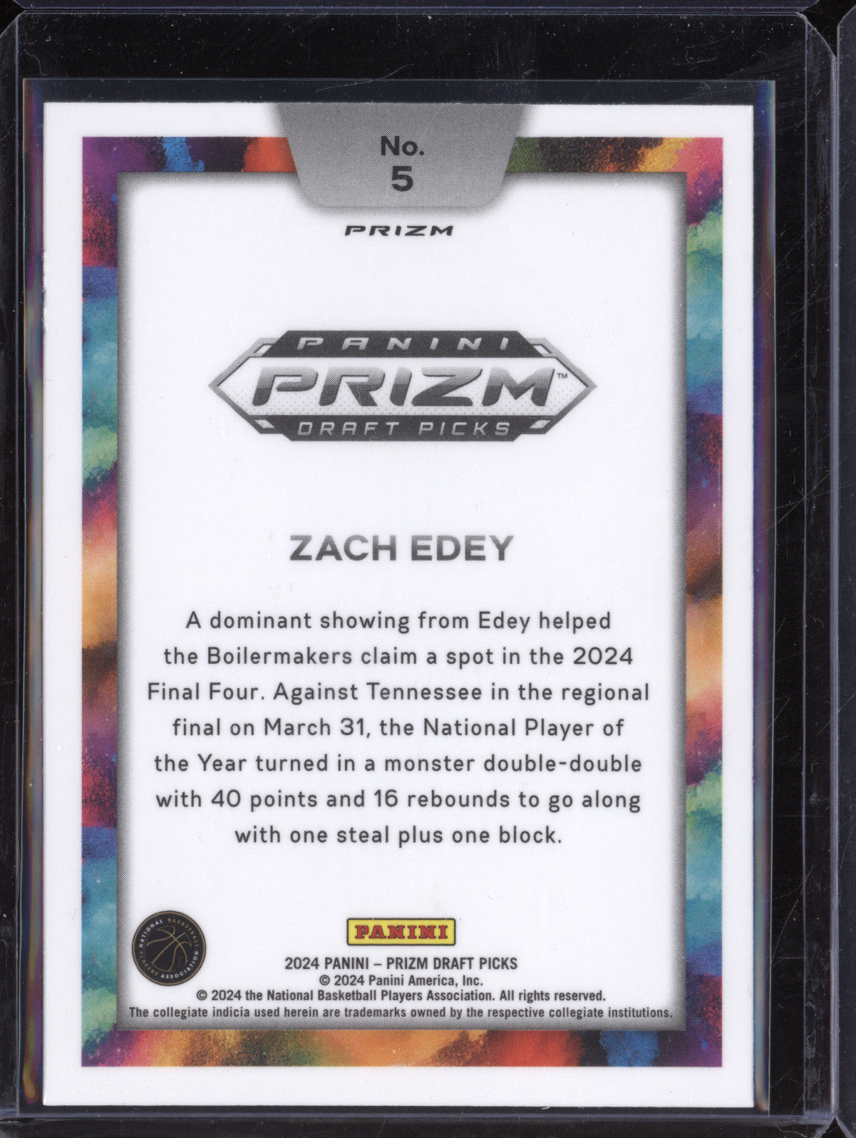 Zach Edey 2024 Panini Prizm Draft Picks 5 Color Blast RC