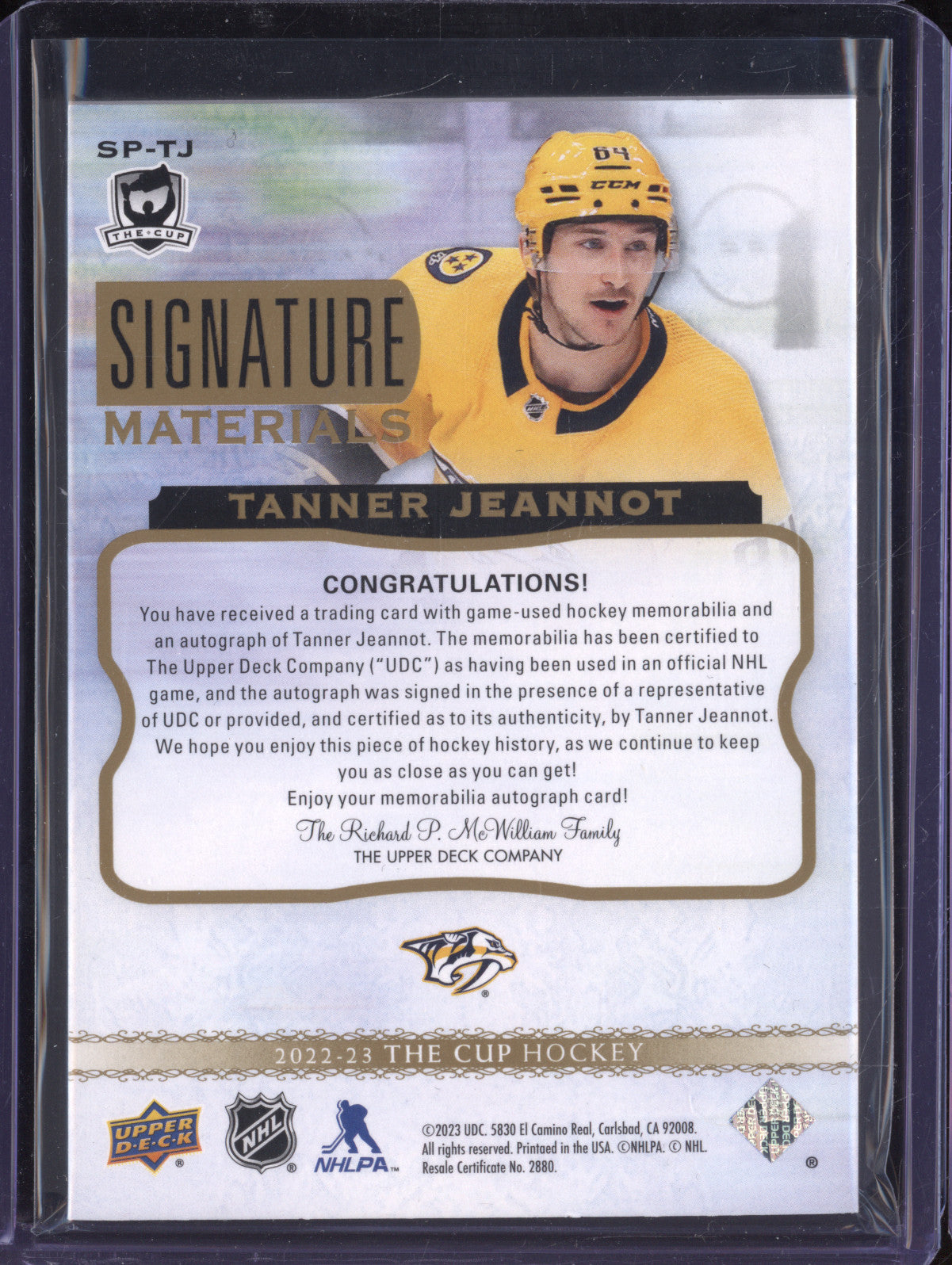 Tanner Jeannot 2022-23 Upper Deck The Cup SP-TJ Signature Materials 31/99
