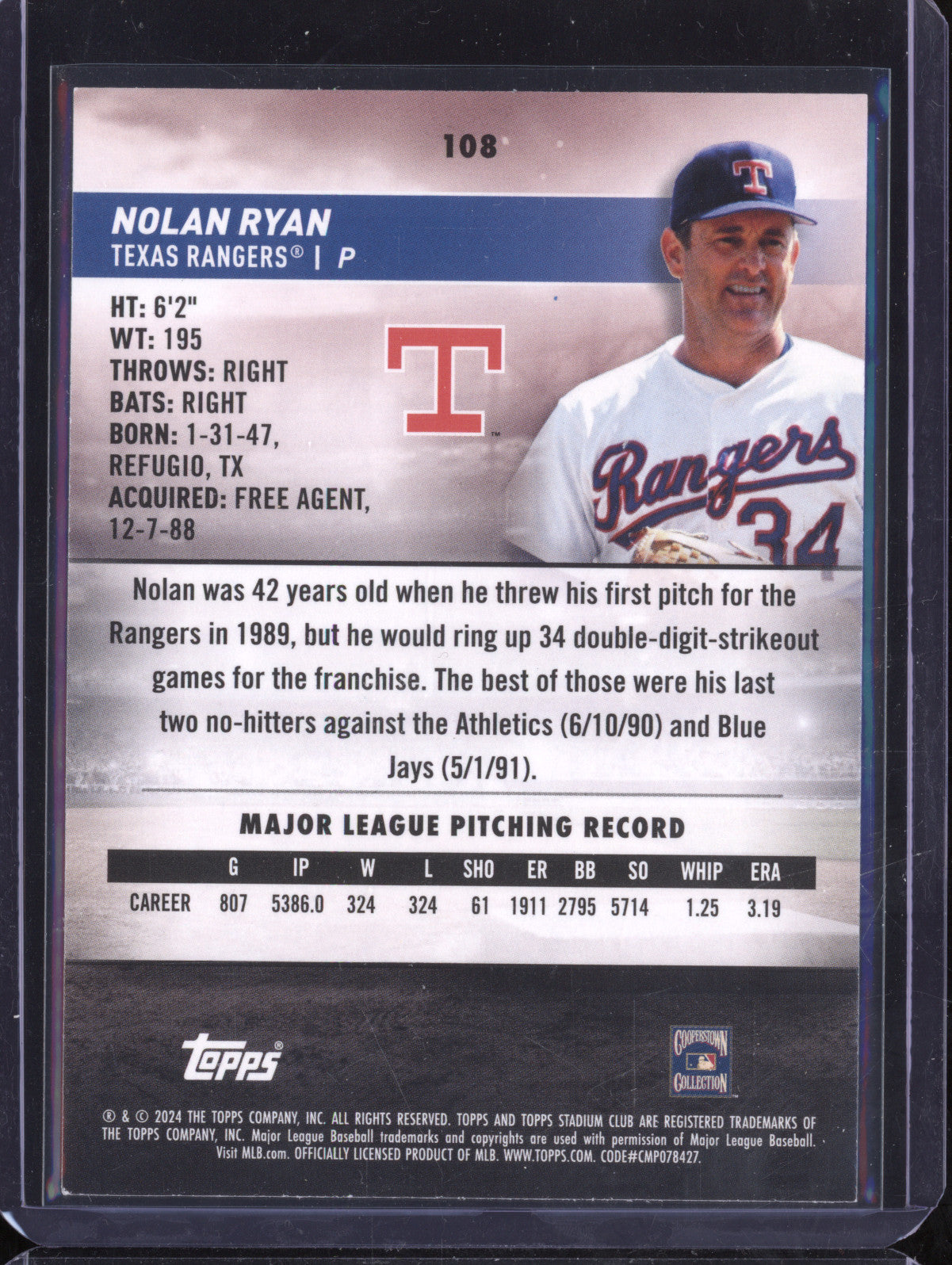 Nolan Ryan 2024 Topps Stadium Club 108 Black and White