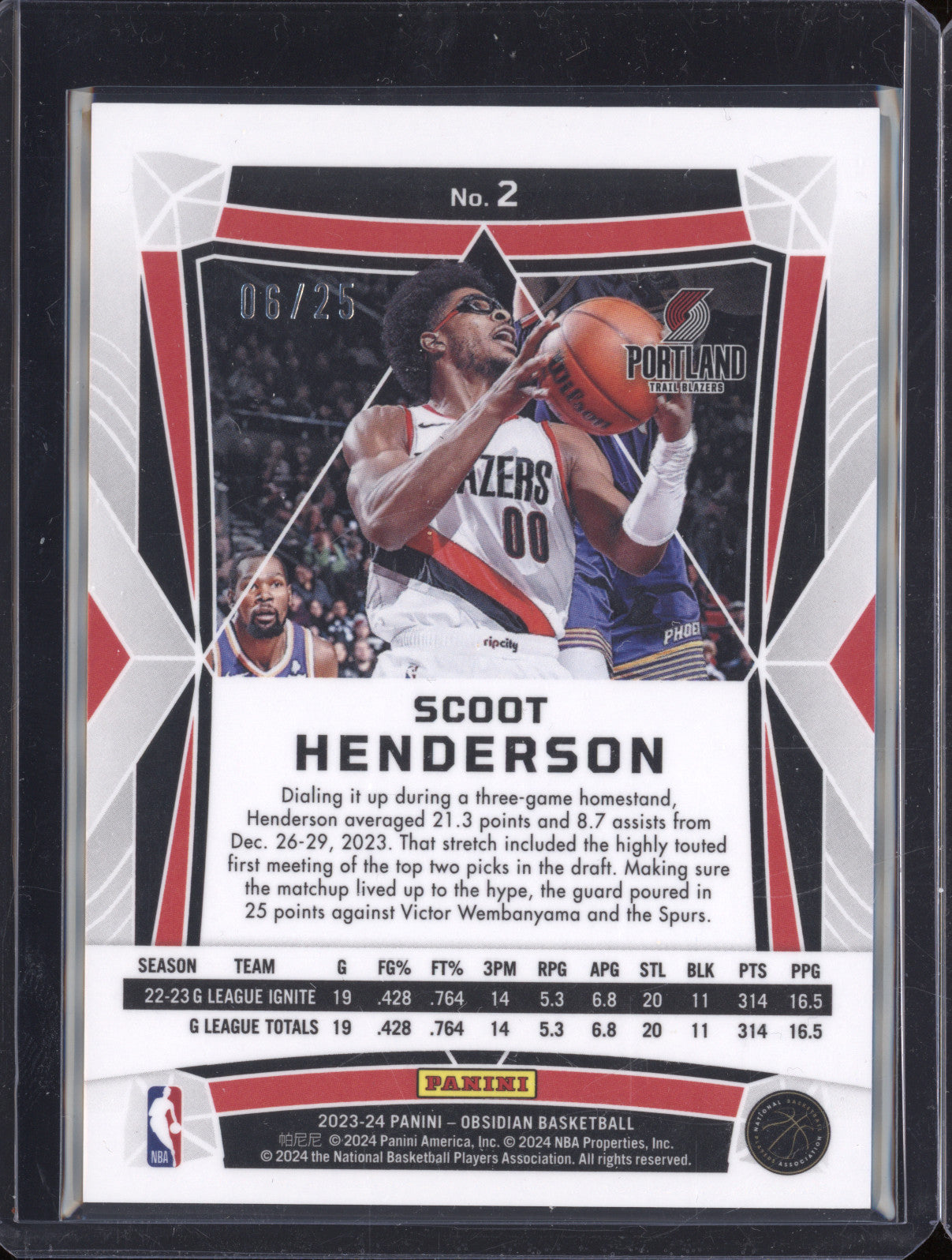 Scoot Henderson 2023-24 Panini Obsidian 2 Green Electric Etch RC 6/25