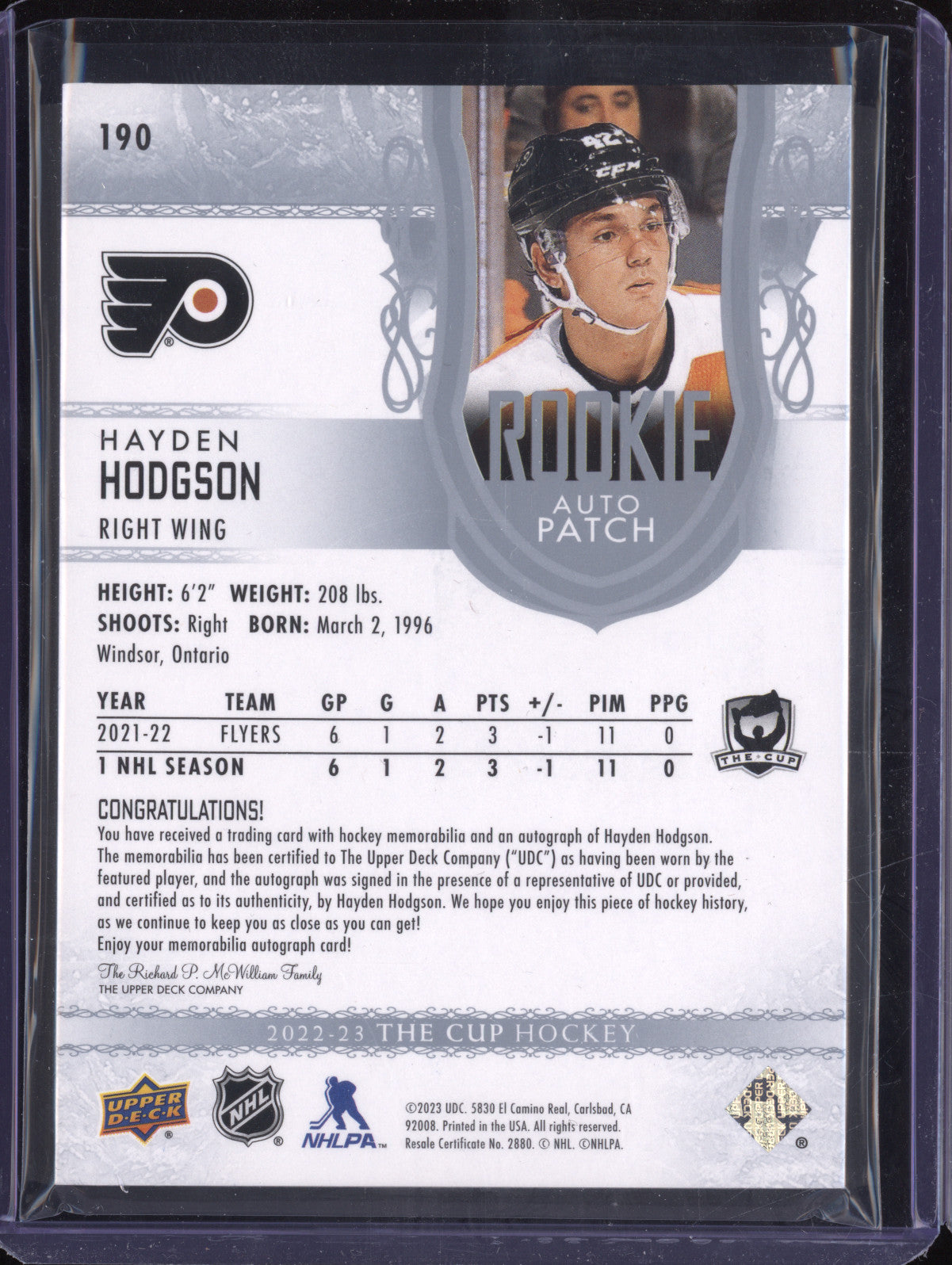 Hayden Hodgson 2022-23 Upper Deck The Cup 190 Rookie Auto Patch RC 172/249