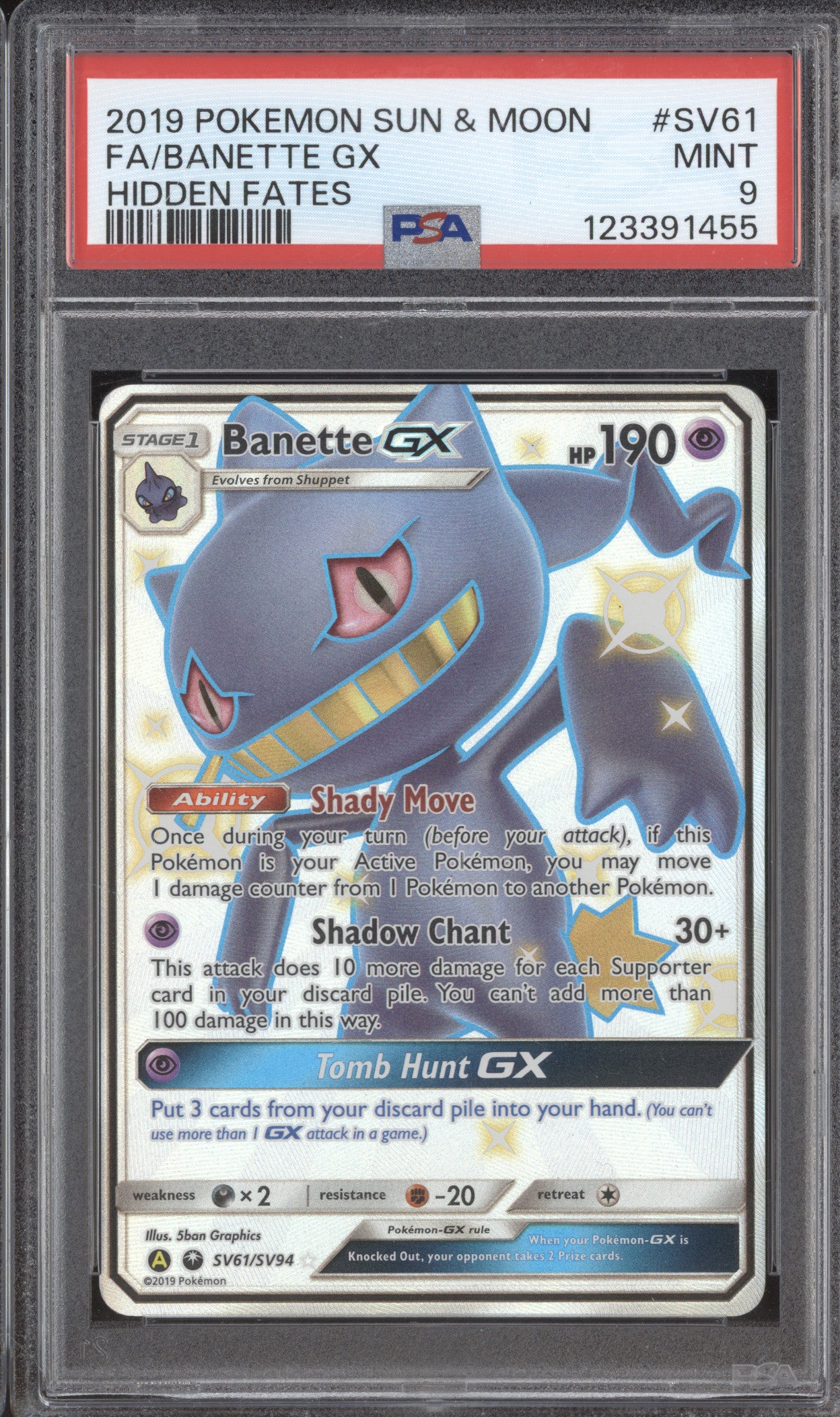 2019 Pokemon Hidden Fates SV61/SV94 Banette GX Shiny Vault PSA 9