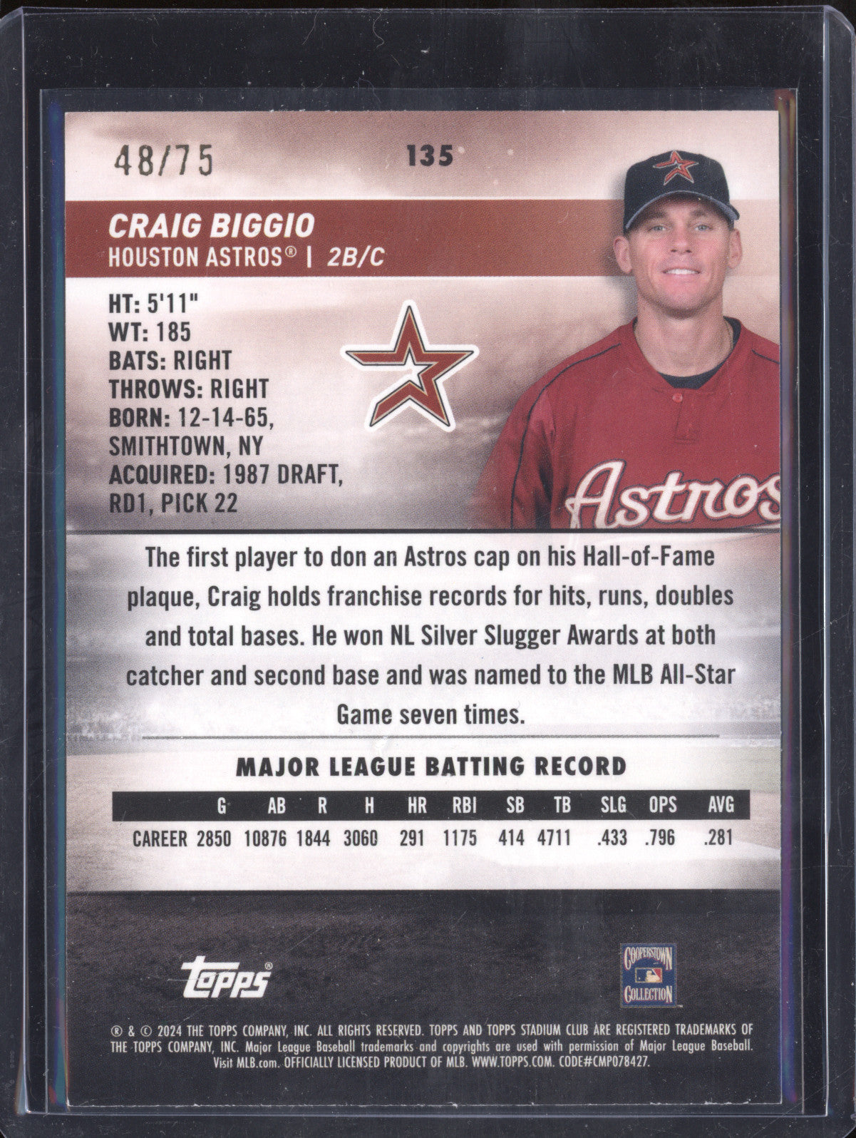 Craig Biggio 2024 Topps Stadium Club 135 Purple Foil 48/75