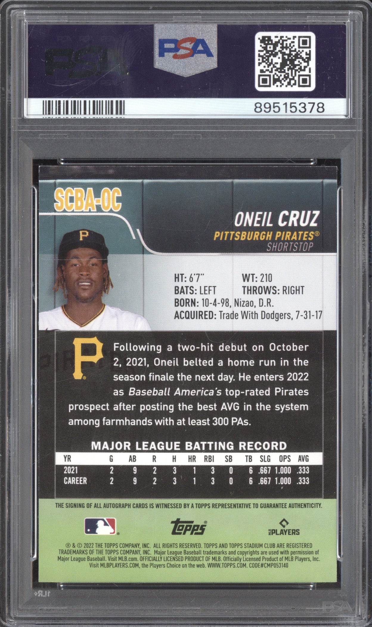 Oneil Cruz 2022 Topps Stadium Club SCBA-OC Base Autographs RC PSA 9