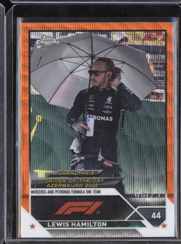 Lewis Hamilton 2023 Topps Chrome F1 173 Orange Wave Refractor 6/25