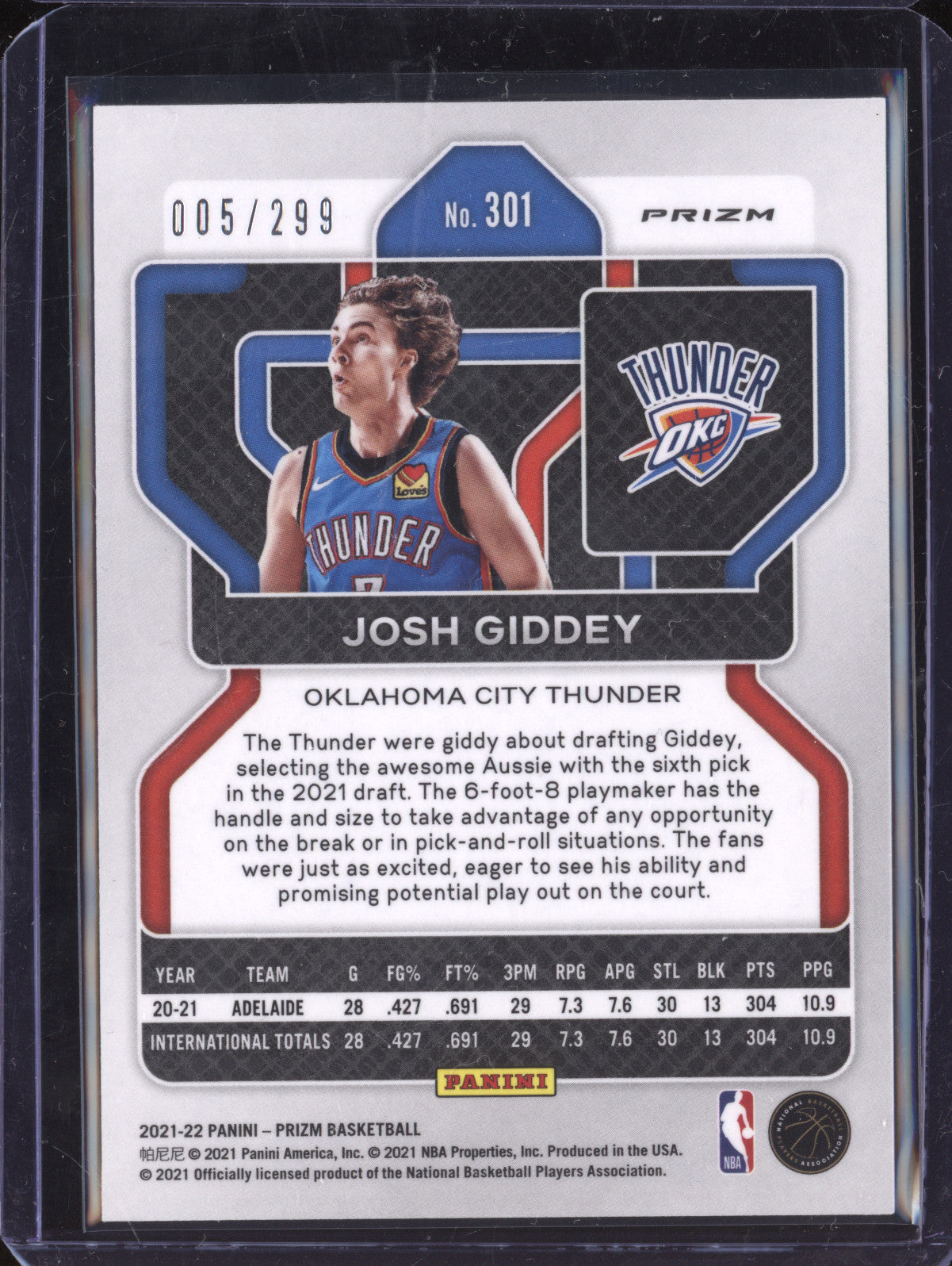 Josh Giddey 2021-22 Panini Prizm 301 Red RC 5/299