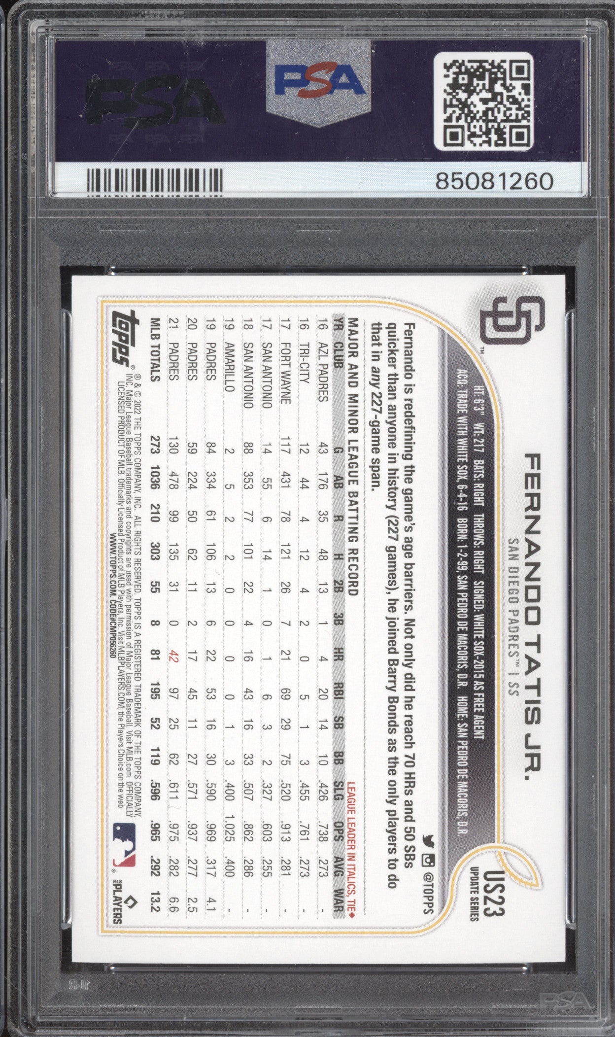 Fernando Tatis Jr 2022 Topps Update US23 SSP PSA 10