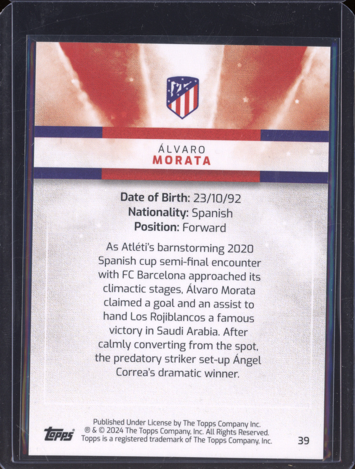 Alvaro Morata 2023-24 Topps Athletico de Madrid Team Set 39 Black Refractor /15